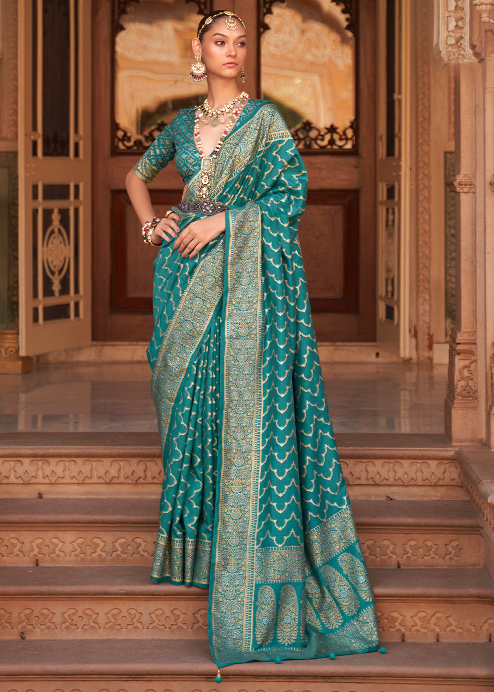 Teal Banarasi Silk Women's Saree With Jacquard Woven Work | Bridal Silk Saree | Wedding on sale Wear Silk Saree | Banarasi Saree With Blouse Piece