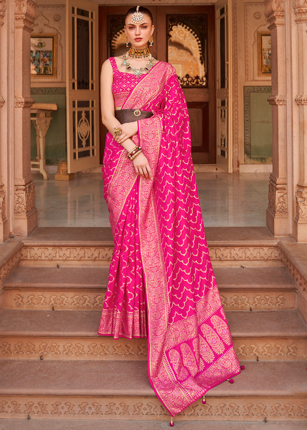 Deep Pink Zari Woven Soft Banarasi Silk Saree - qivii