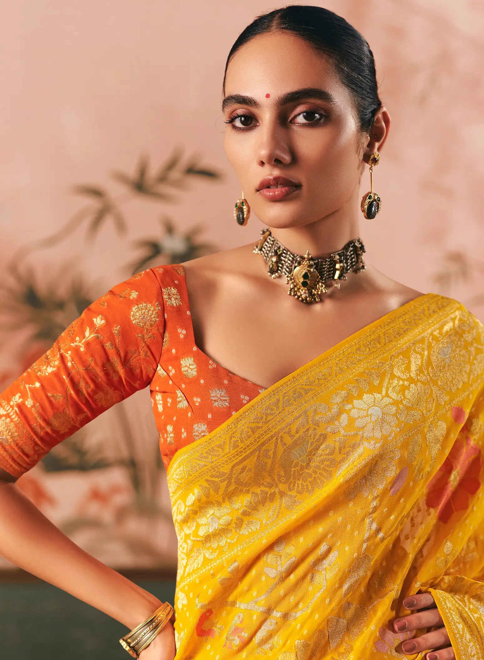 Bee Yellow Georgette Bandhej Weaving Saree
