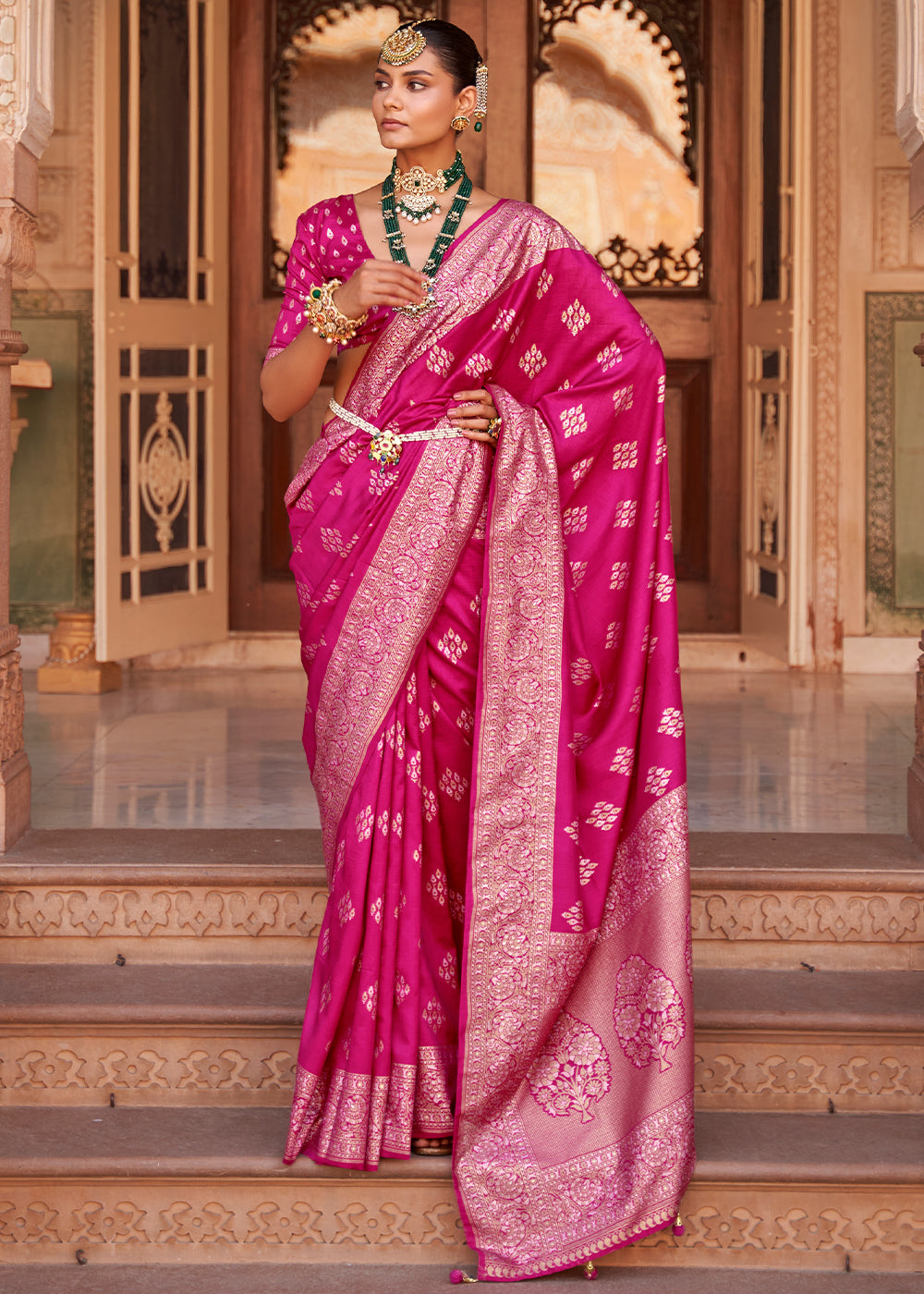 Rose Pink Zari Woven Soft Banarasi Silk Saree - qivii