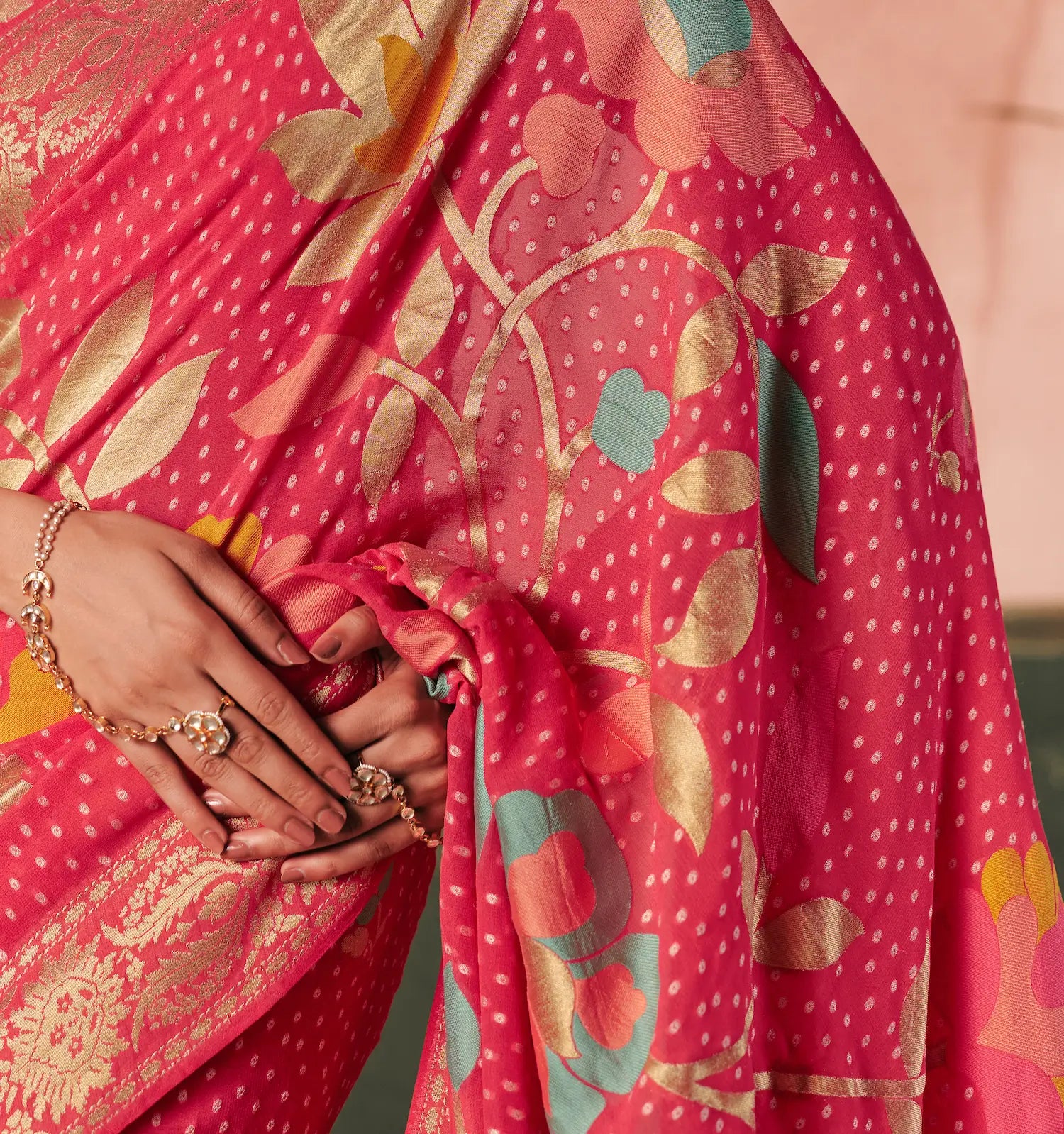 Dusty Red Georgette Bandhej Weaving Saree