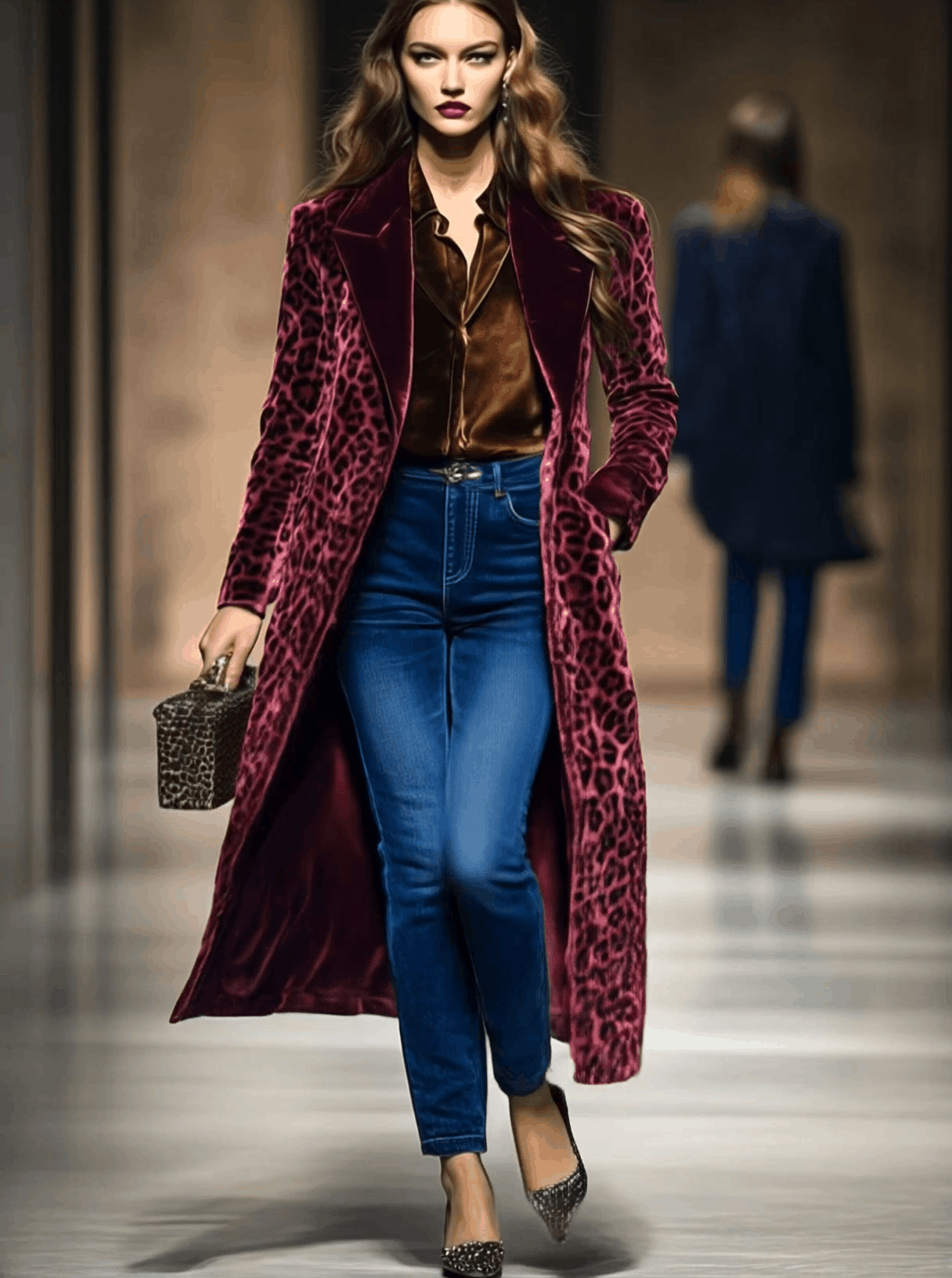 Casual Loose Vintage Velvet Leopard Print Colorblock Lapel Coat - By Qivii