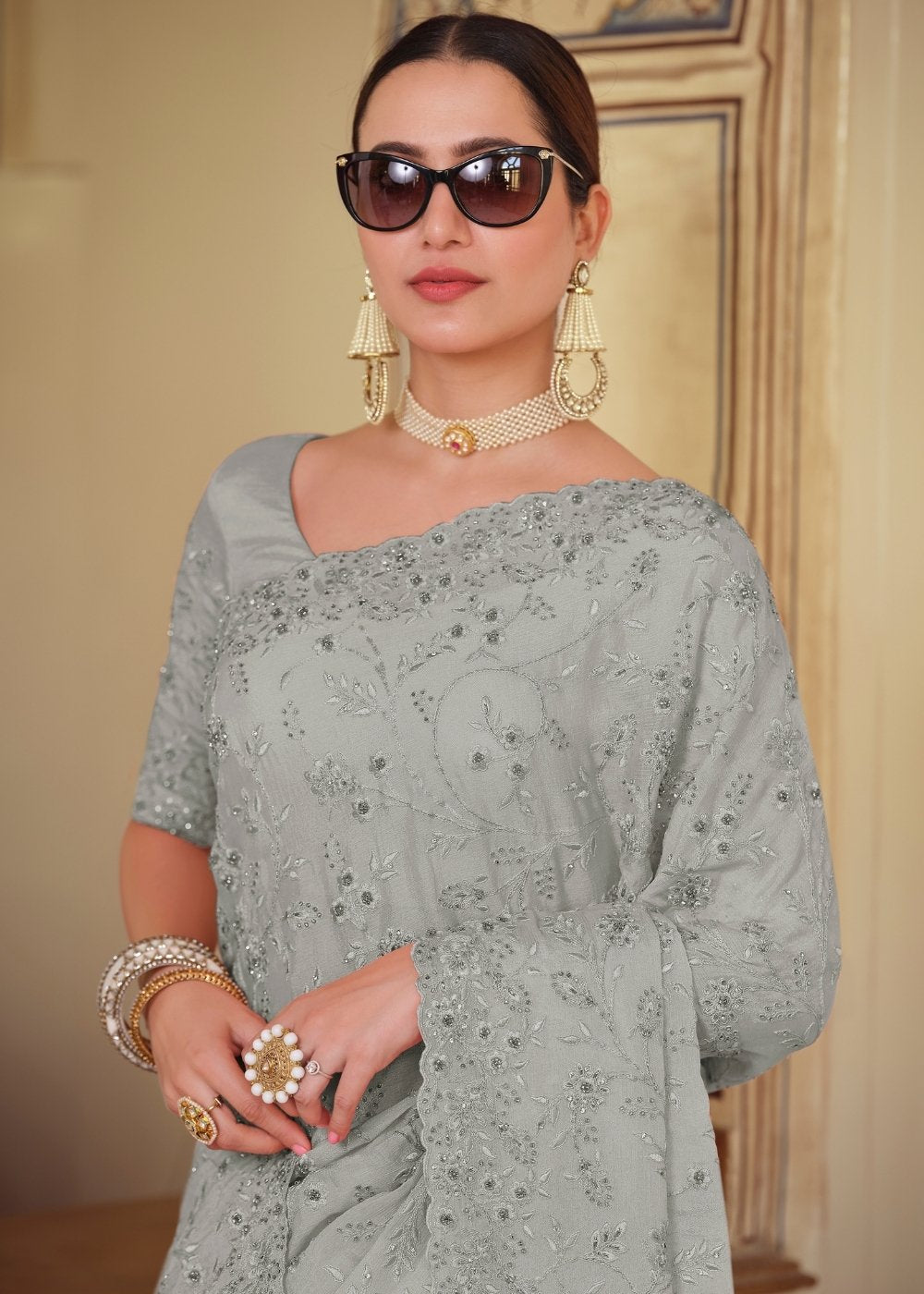 Koala Grey Designer Chiffon Saree with Dori & Sequins work - qivii