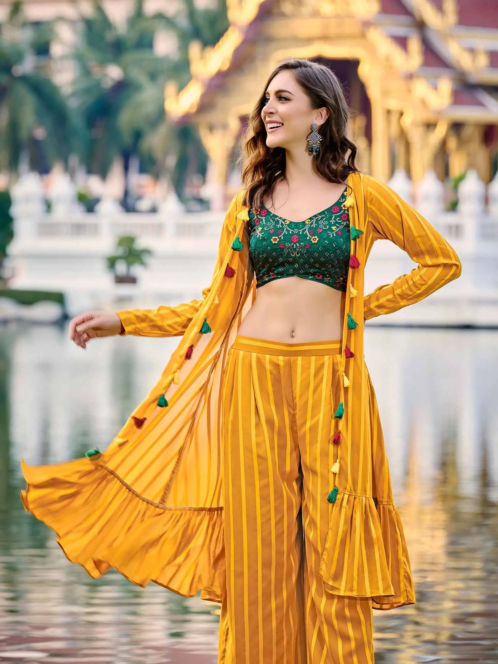 Green Yellow Georgette Embroidery Work Co-ord Set
