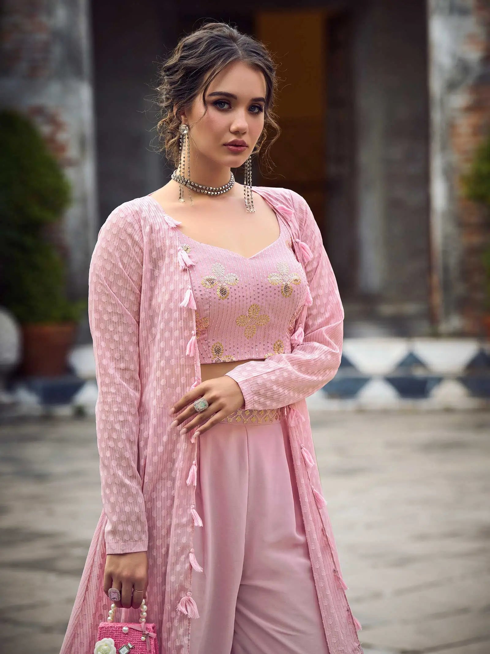 Dusty Pink Georgette Embroidery Work Co-ord Set