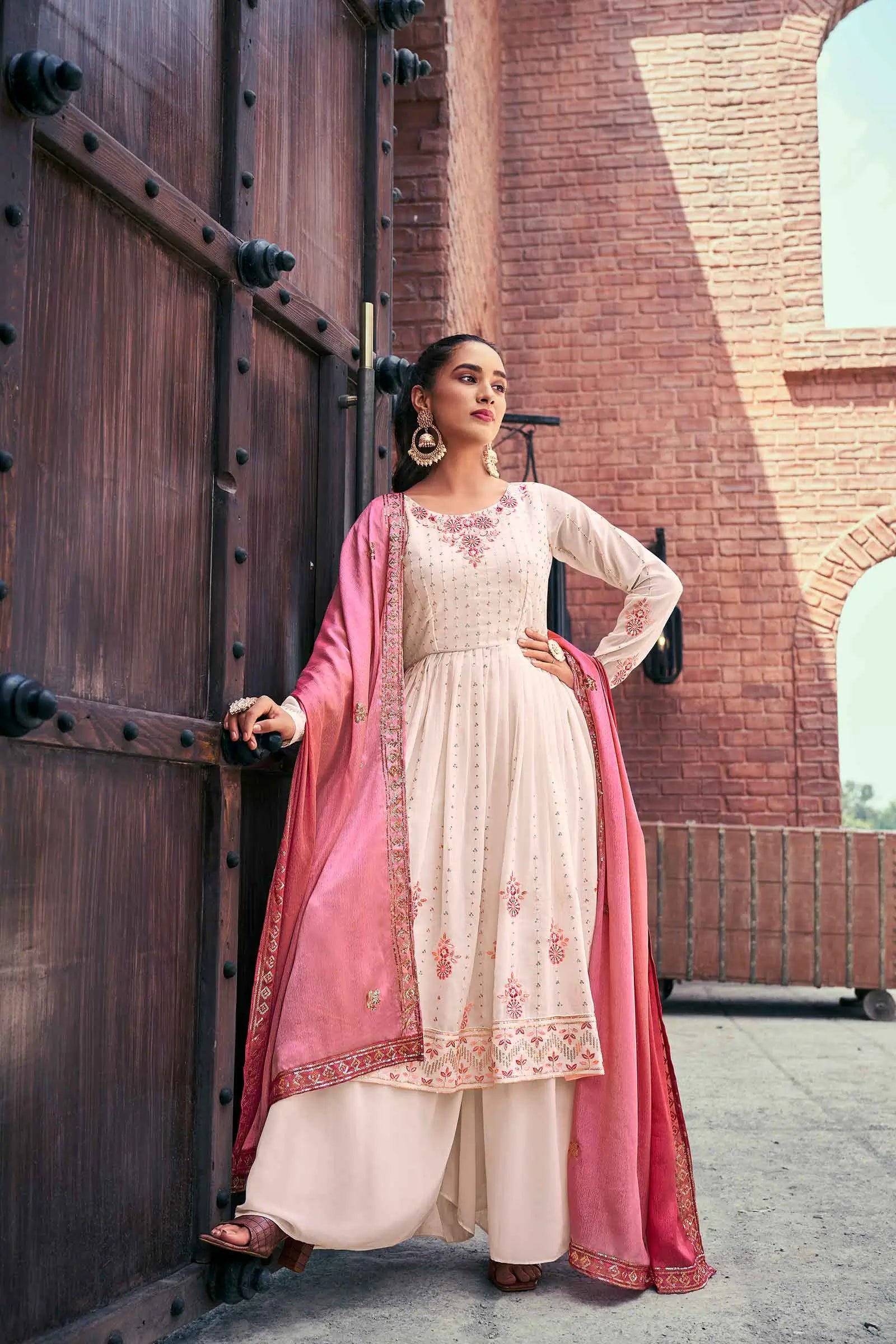 Chiku Pink Georgette Palazzo Salwar Suit With Thread And Sequins Embroidered Work