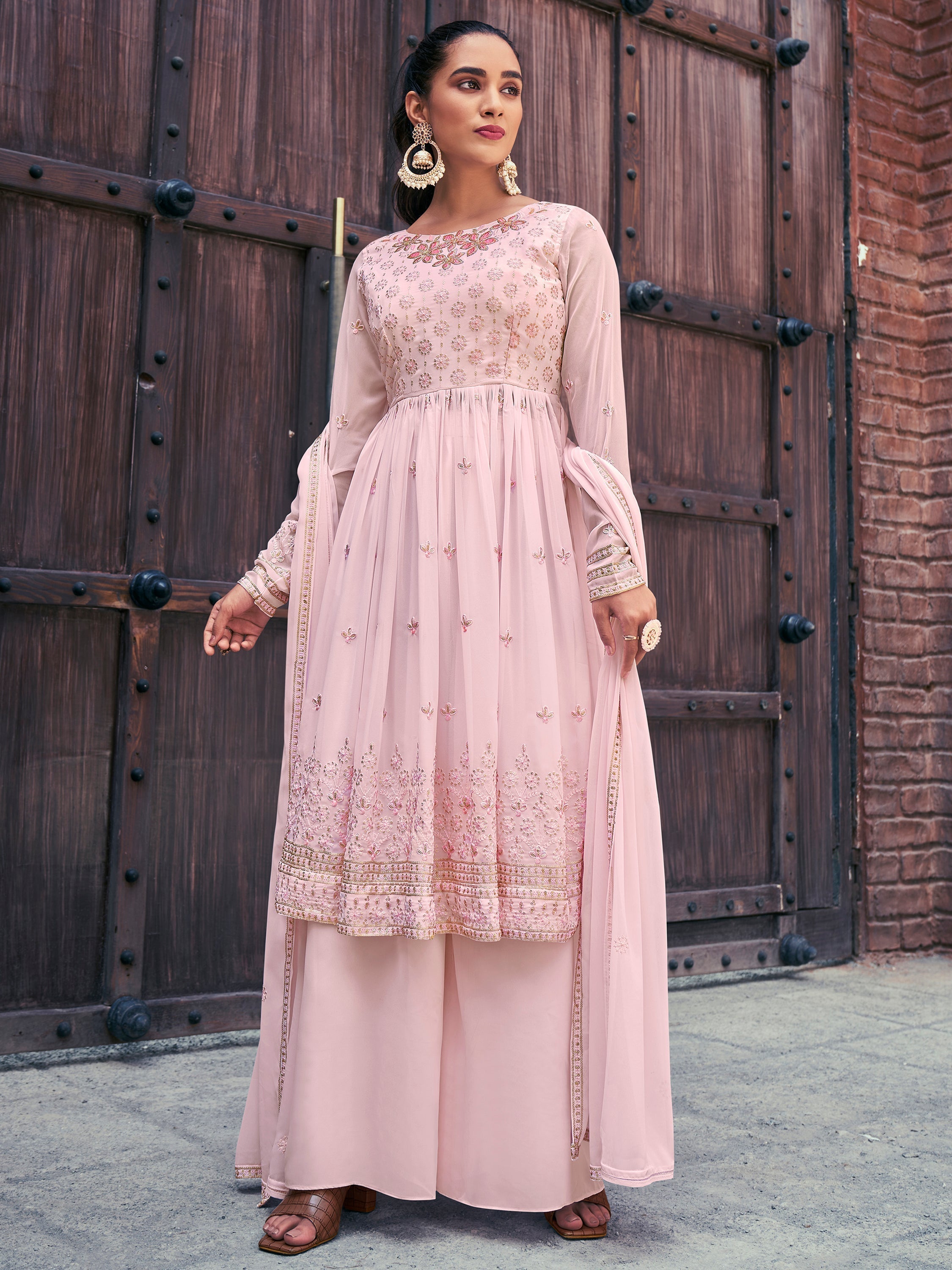 Pretty Baby Pink Embroidered Georgette Readymade Palazzo Suit with floral design