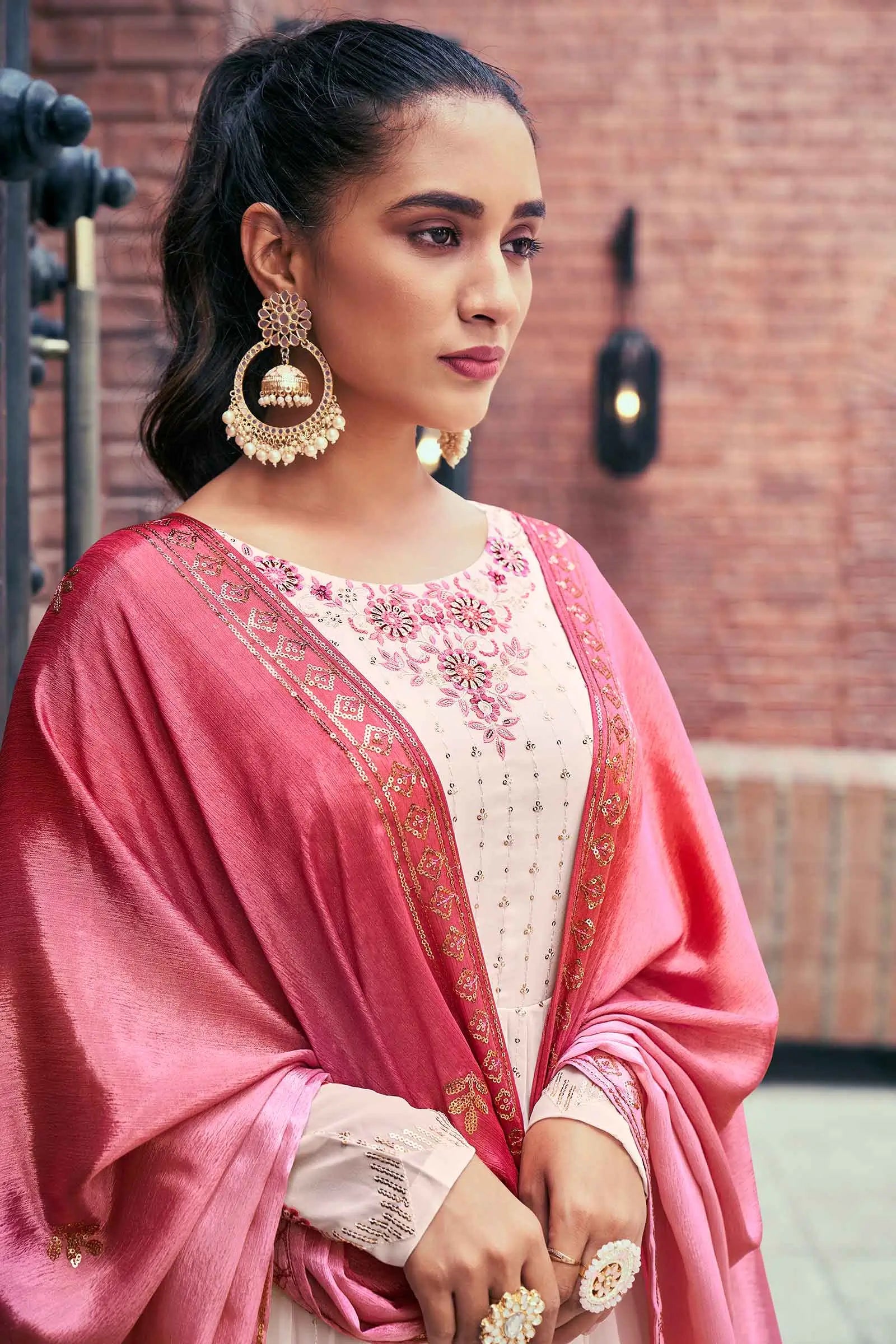 Chiku Pink Georgette Palazzo Salwar Suit With Thread And Sequins Embroidered Work - qivii