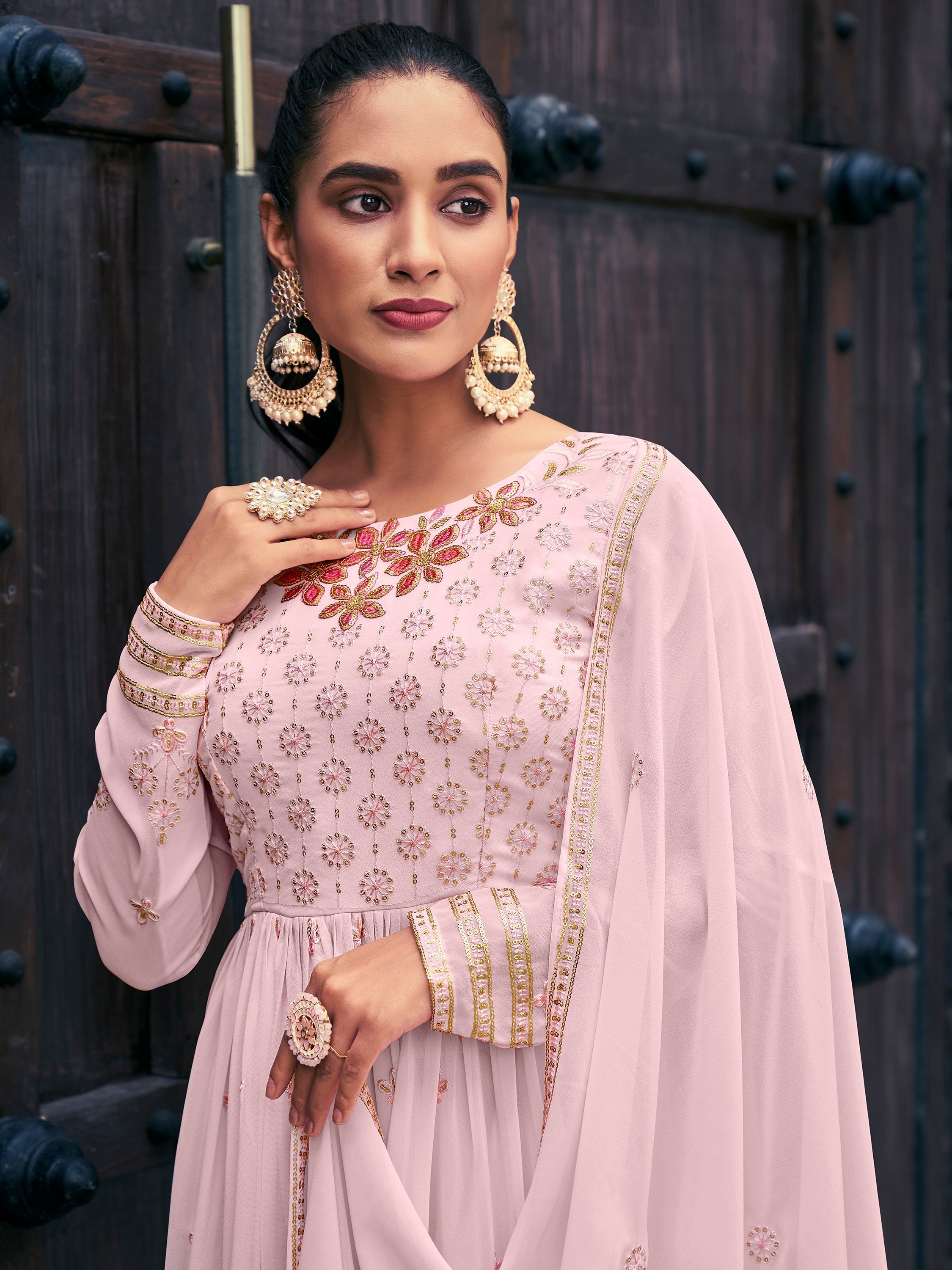 Pretty Baby Pink Embroidered Georgette Readymade Palazzo Suit with Intricate Floral Designs