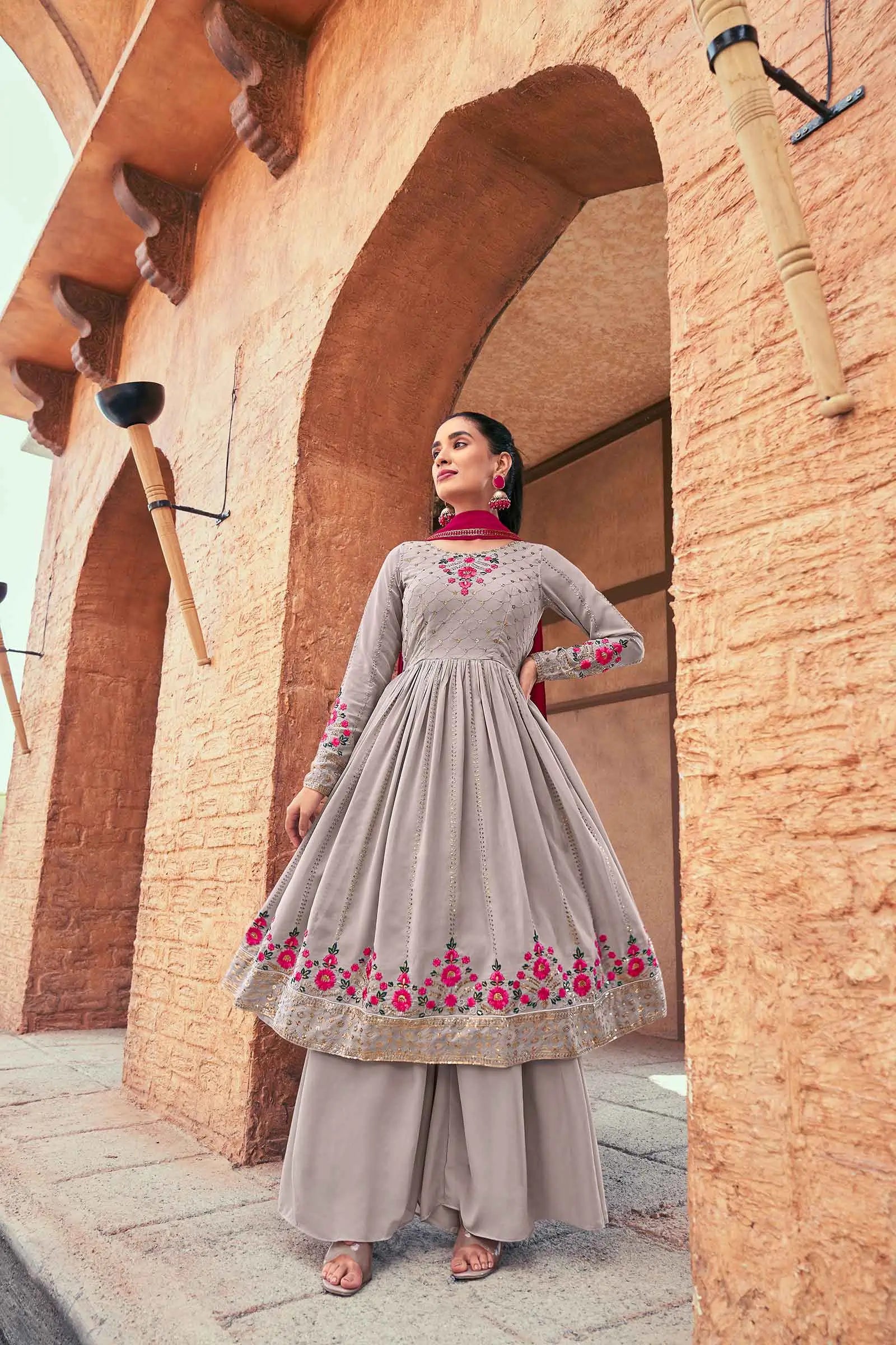 Grey Pink Georgette Palazzo Salwar Suit With Thread And Sequins Embroidered Work - qivii