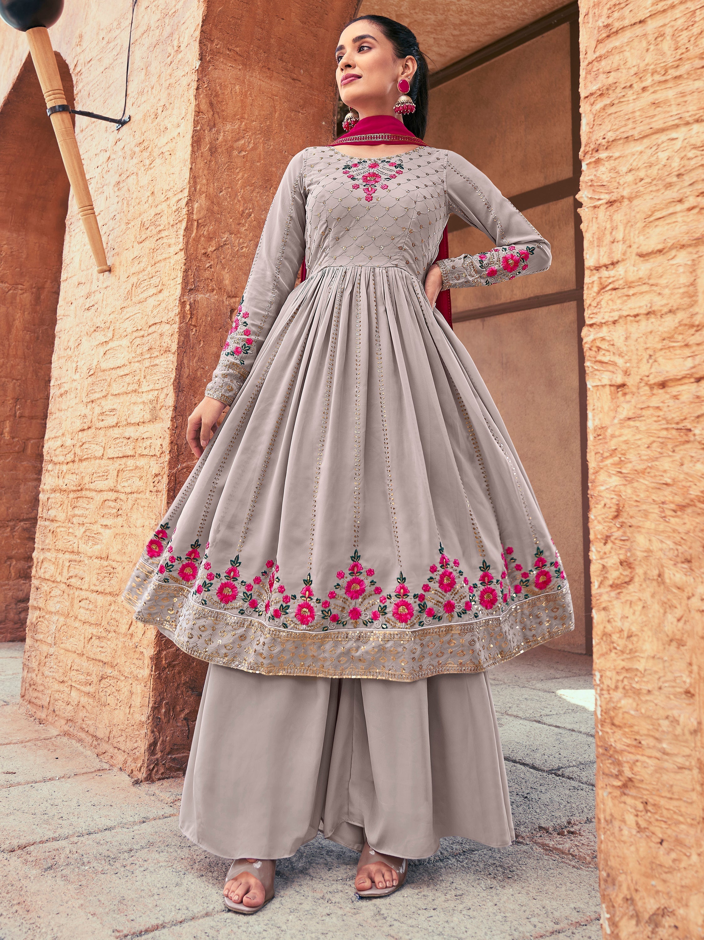 Grey georgette material anarkali kurta with sequin embroidery and similar color palazzo
