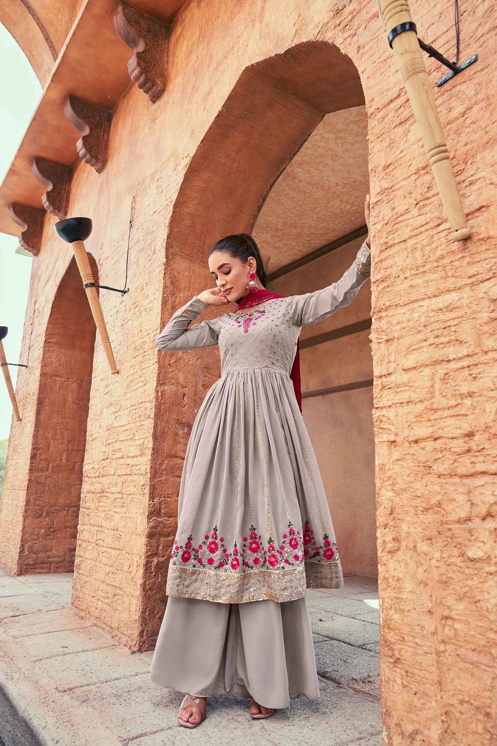 Grey Pink Georgette Palazzo Salwar Suit With Thread And Sequins Embroidered Work