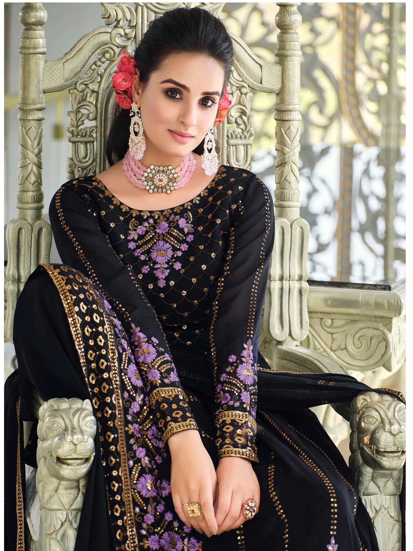 Dark Blue Georgette Palazzo Salwar Suit With Thread And Sequins Embroidered Work - qivii