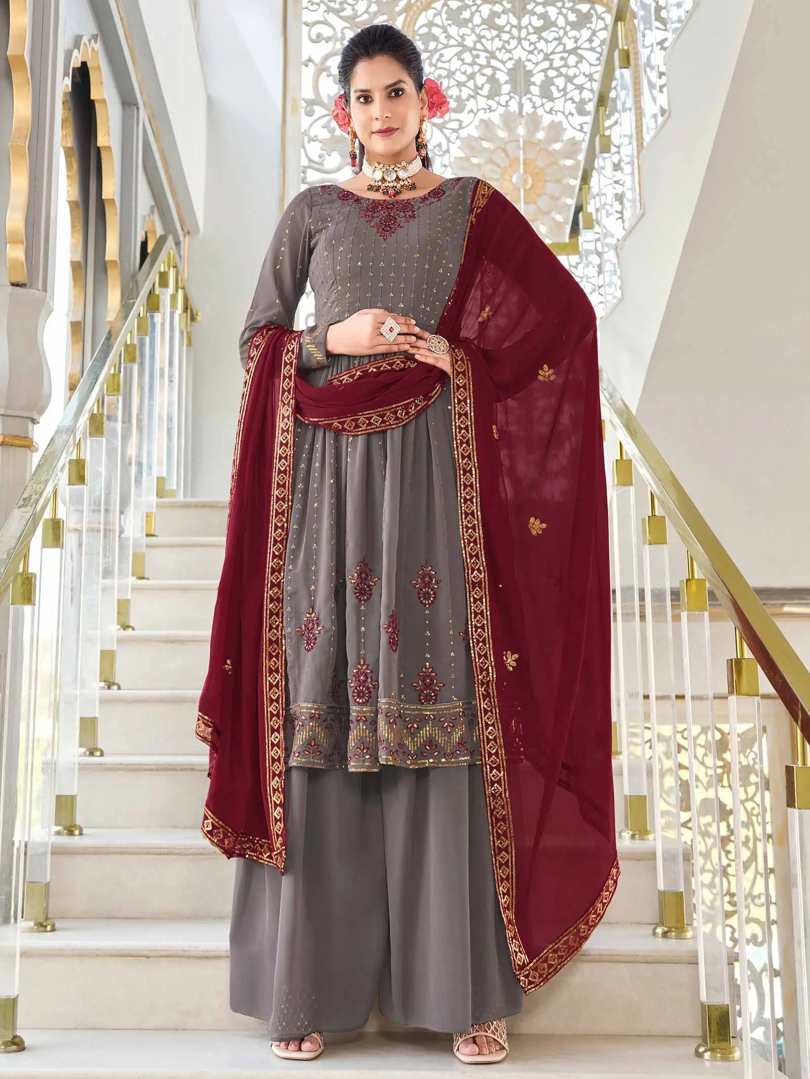Grey Georgette Palazzo Salwar Suit With Thread And Sequins Embroidered Work - qivii