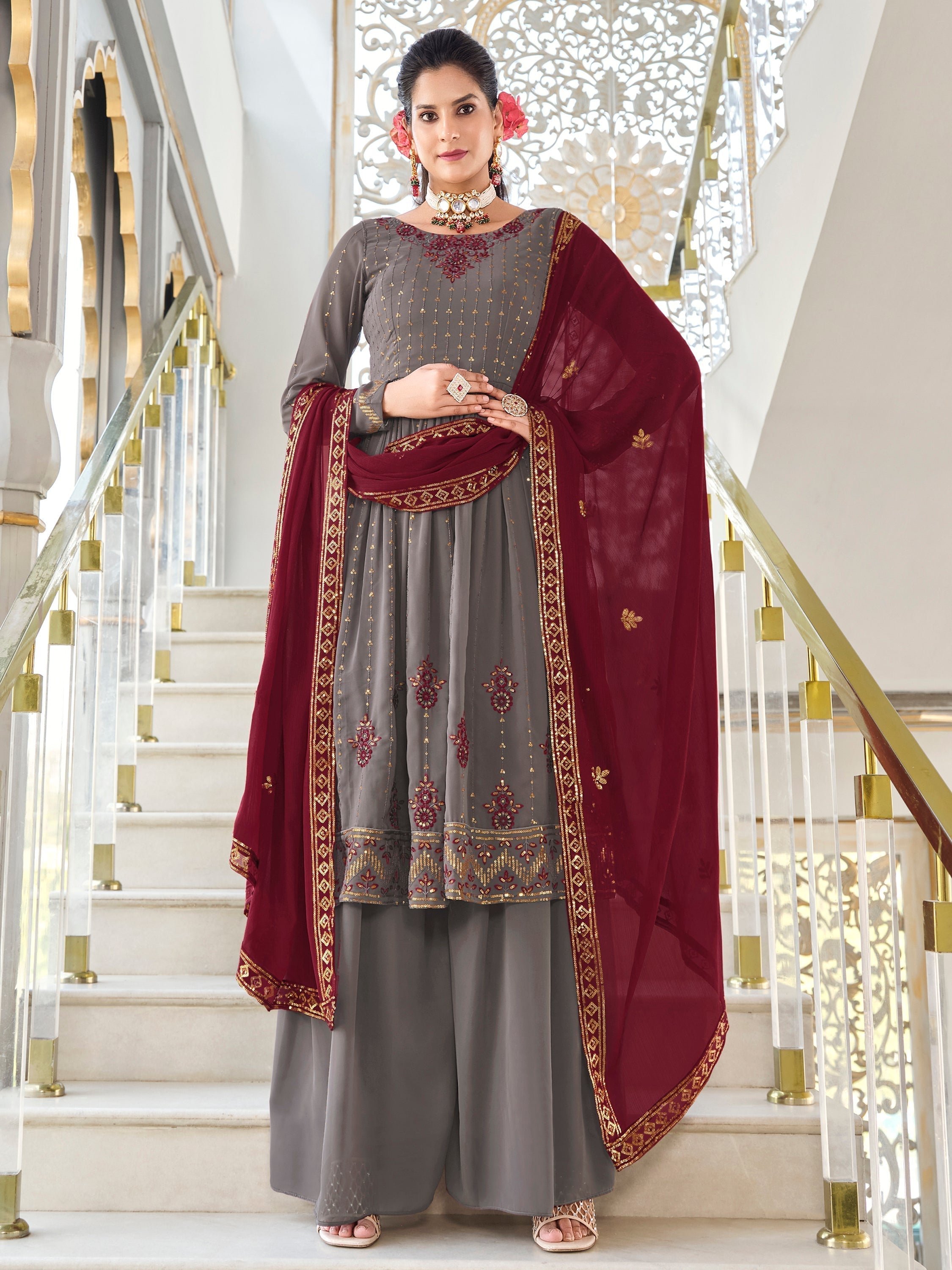 Grey georgette salwar kameez with wine dupatta and sequin border work