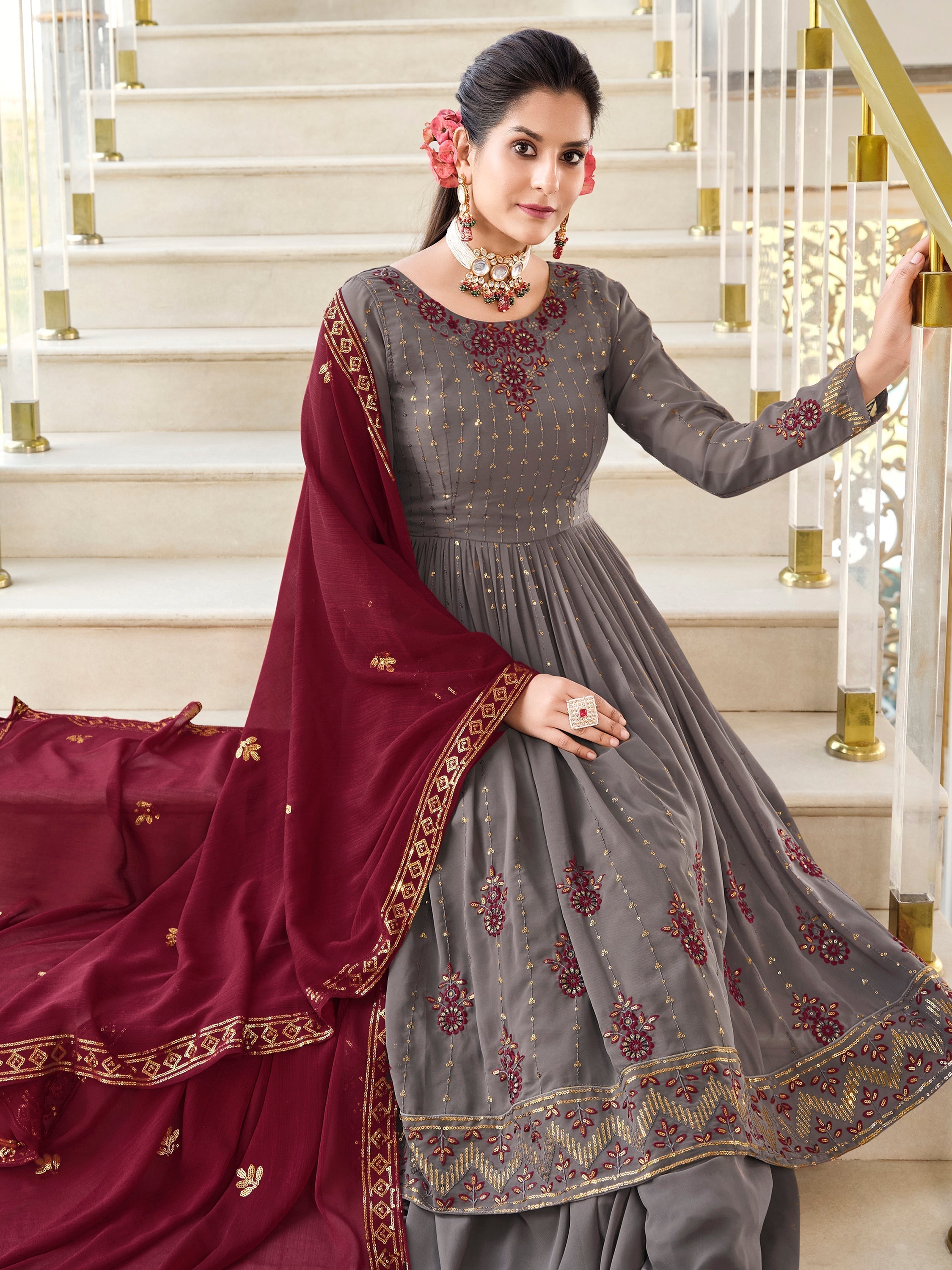 Elegant wedding wear salwar kameez with grey palazzo
