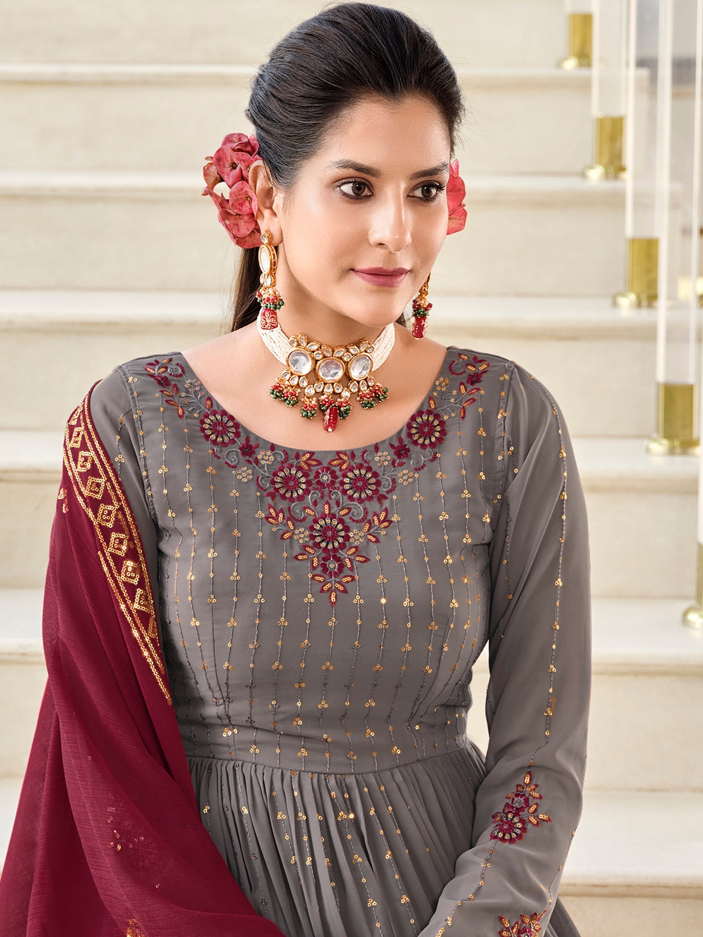 Comfortable and stylish grey georgette outfit with wine dupatta
