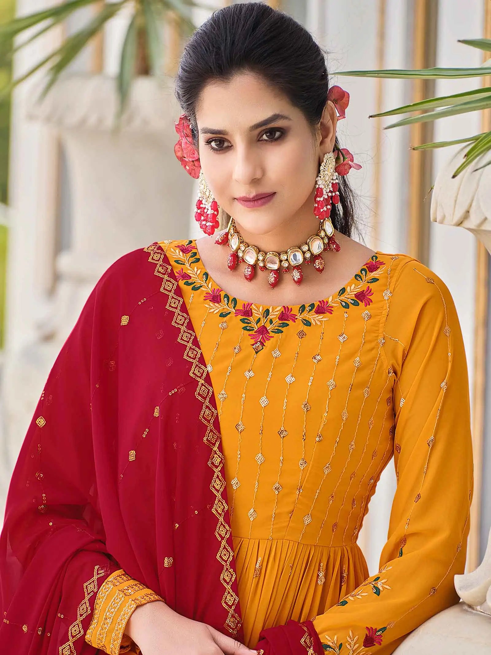 Mustard Yellow Georgette Palazzo Salwar Suit With Thread And Sequins Embroidered Work