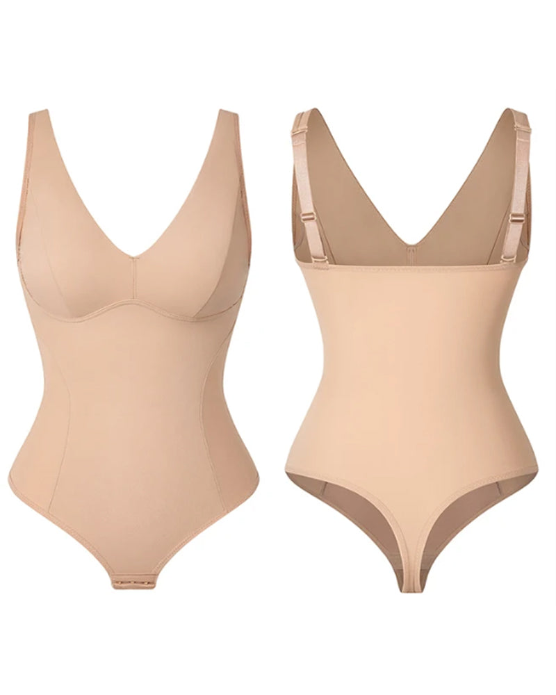 Tummy Control Slim Body Shaper Deep V-Neck Thong Bodysuits - By Qivii
