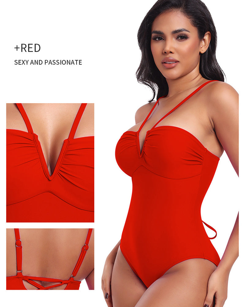 Sexy Strappy Triangle V-shaped Halter Neck One-piece Body Shaping Swimsuit - By Qivii