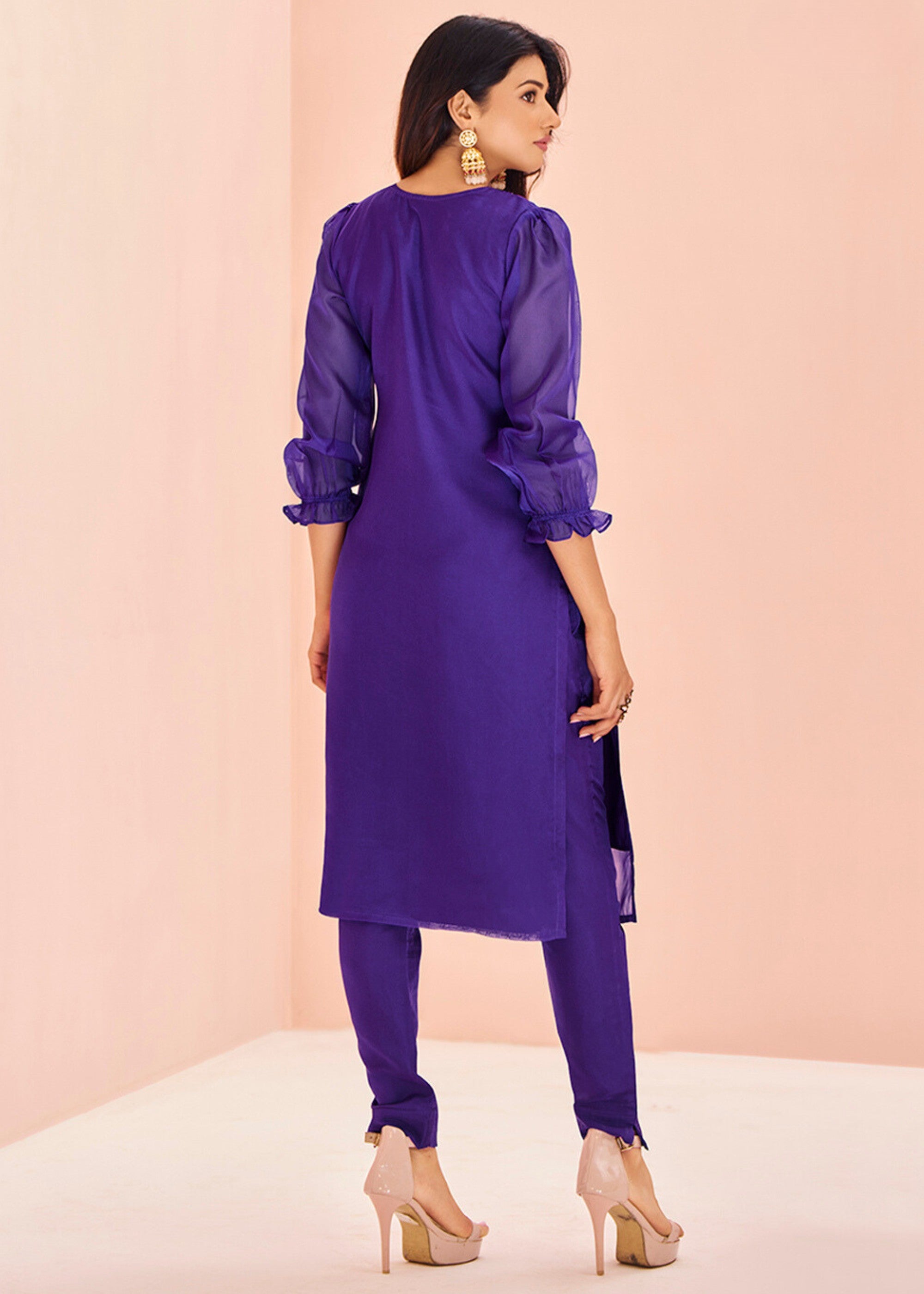 Vibrant Purple Organza Handwork Kurta with Pant - qivii
