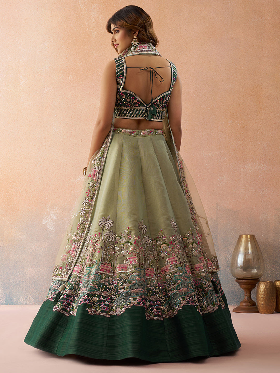 Ombre Green and Lime green Net Sequins Embroidered Lehenga Set