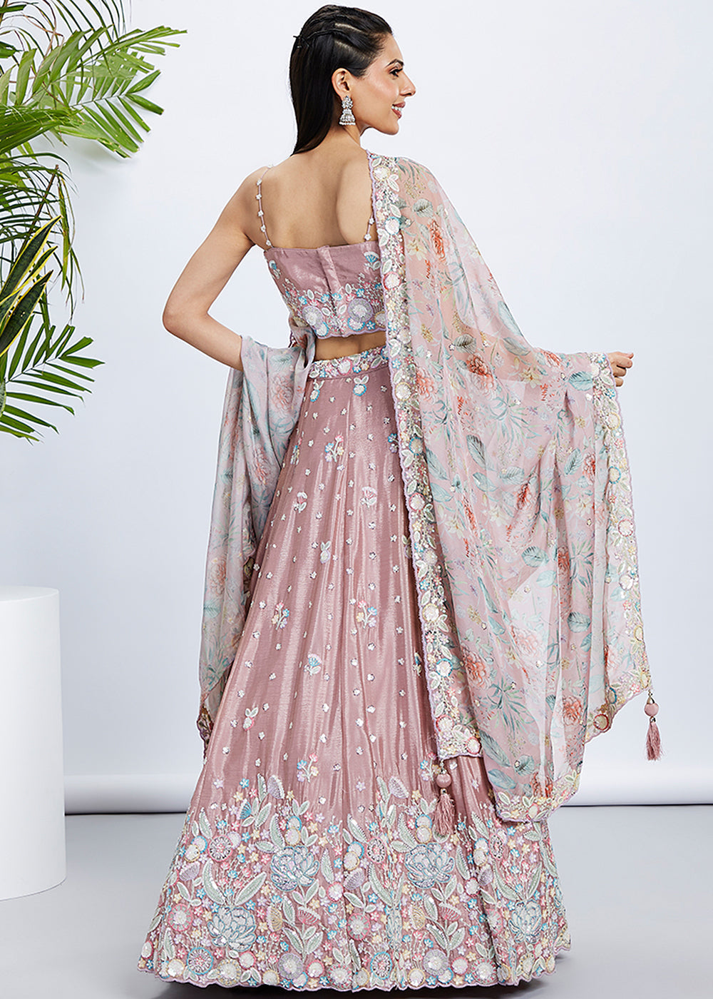 Rose Gold Chiffon Lehenga Choli with Sequins & Thread Embroidery work | Ready To Wear - qivii