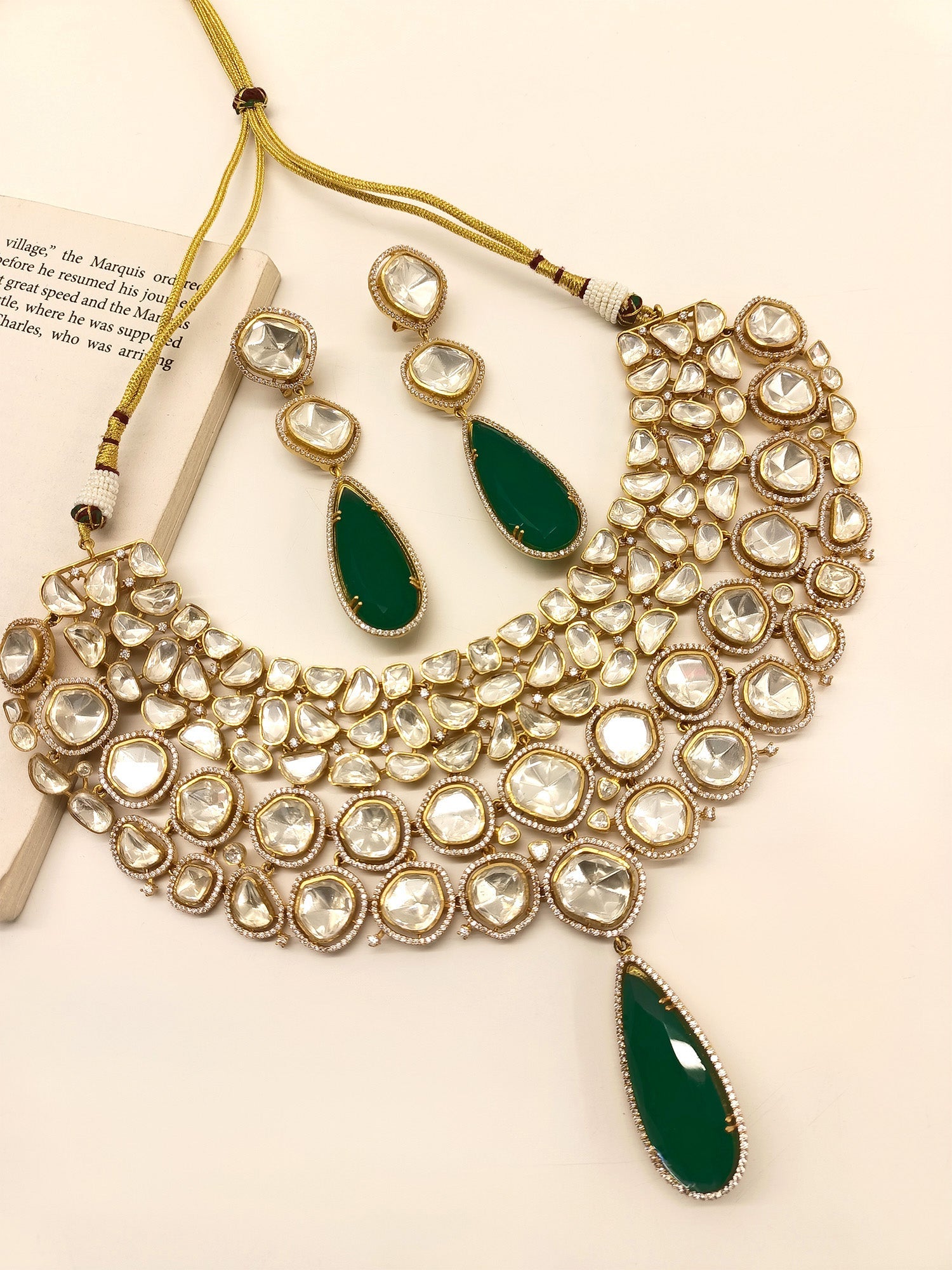 Nobita Emerald Kundan Polki Necklace Set - qivii