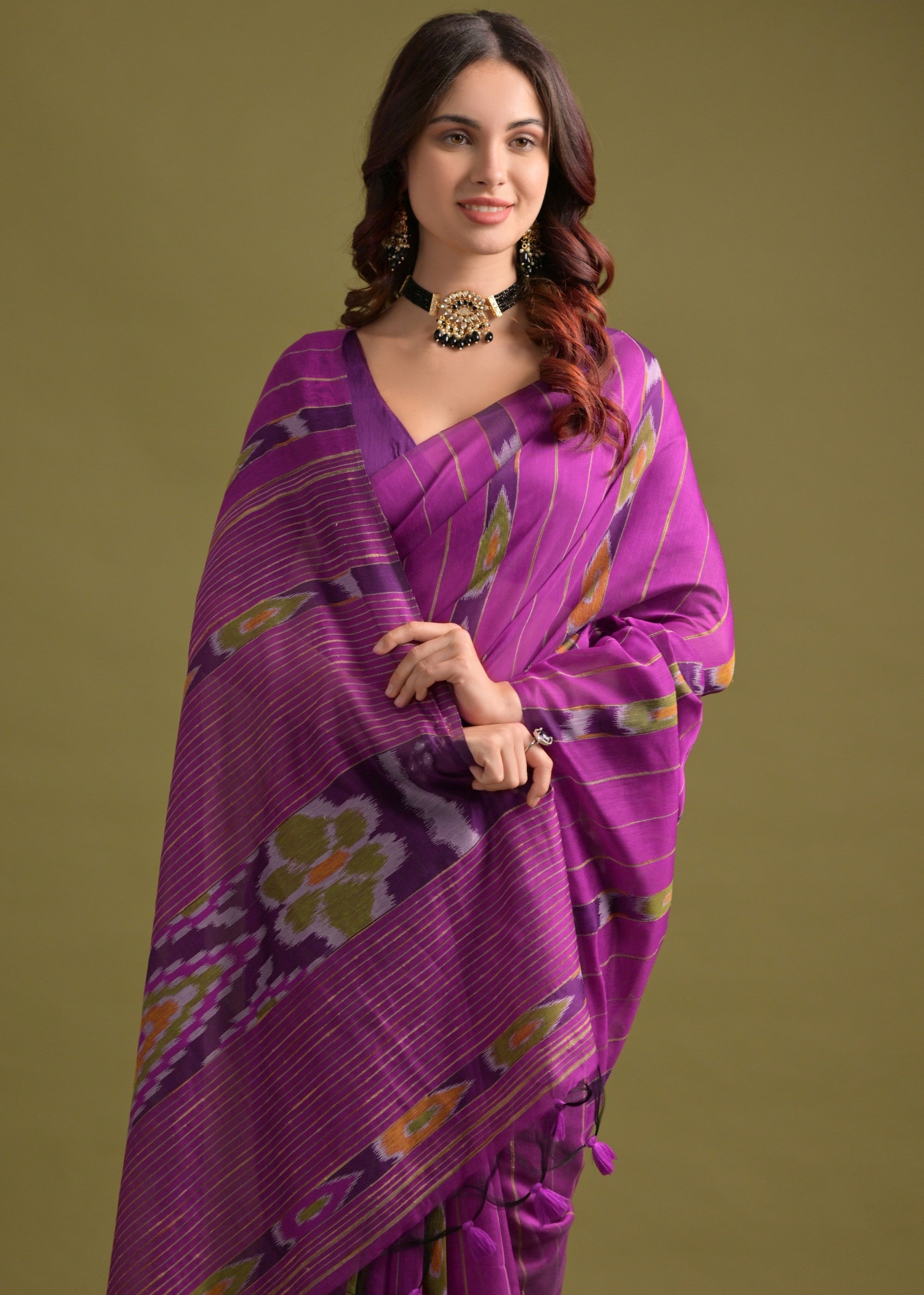 Ultra Pink Soft Ikkat Cotton Printed Saree - qivii