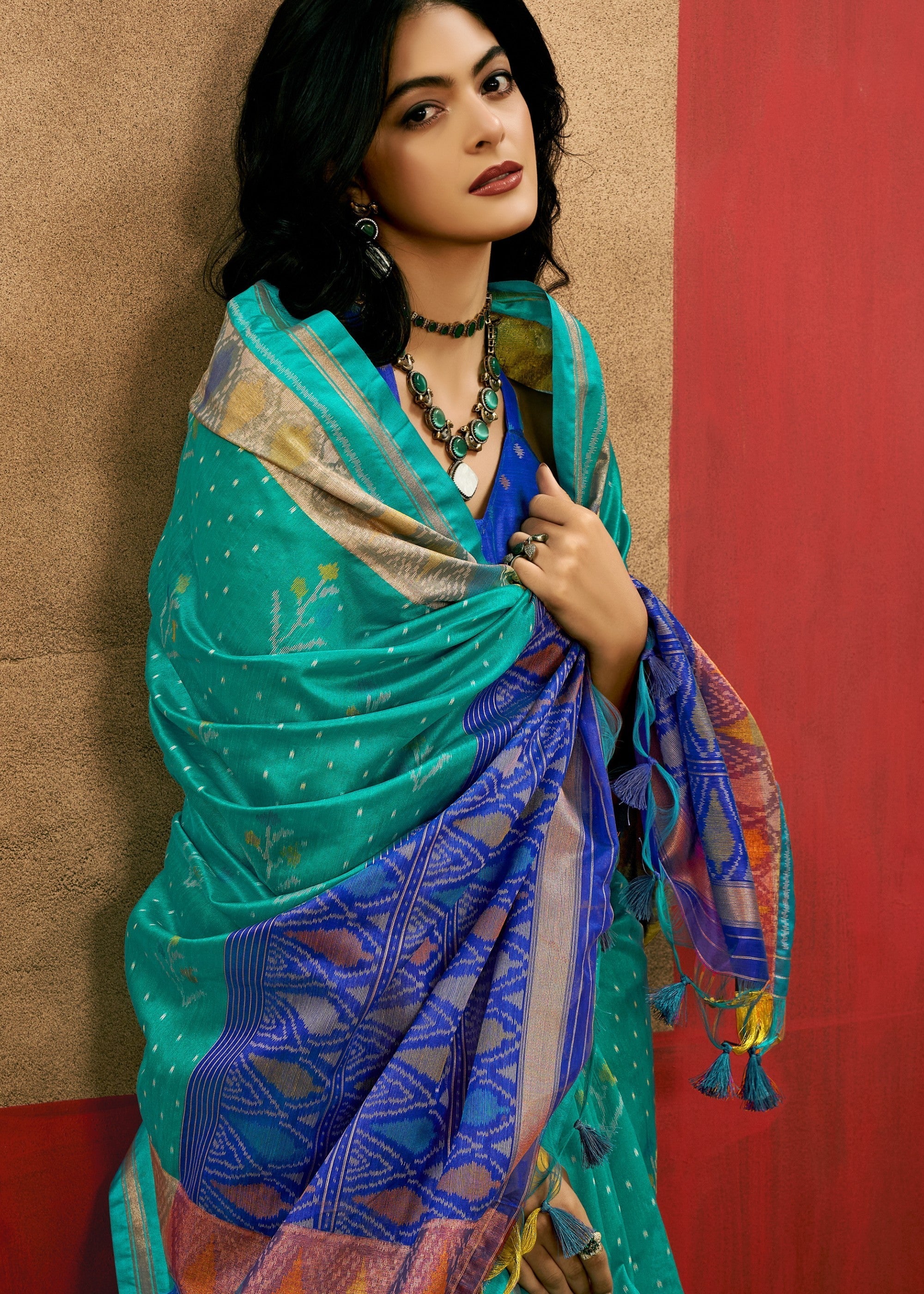 Aqua Green Patola Handloom Weaving Silk Saree - qivii