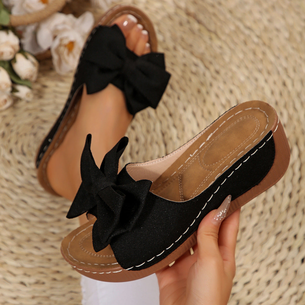 Women’s Liora Bow Flower Platform Wedge Slide Sandals – Peep-Toe Wide Strap Summer Slides (US 5–10.5)
