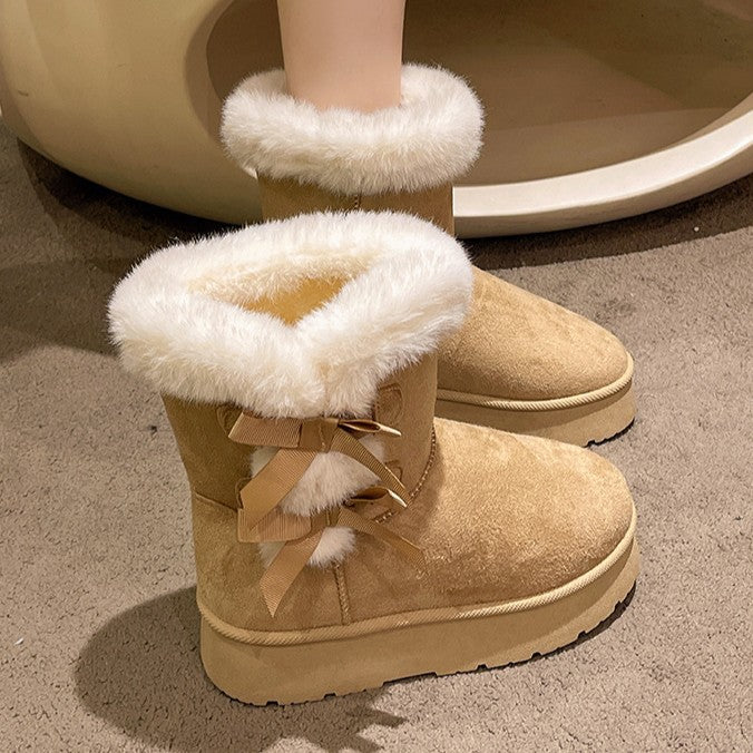 Women's Bow-Knit Cozy Winter Boots - Shearling Lined Chunky Platform Snow Boots (US 5-9.5)