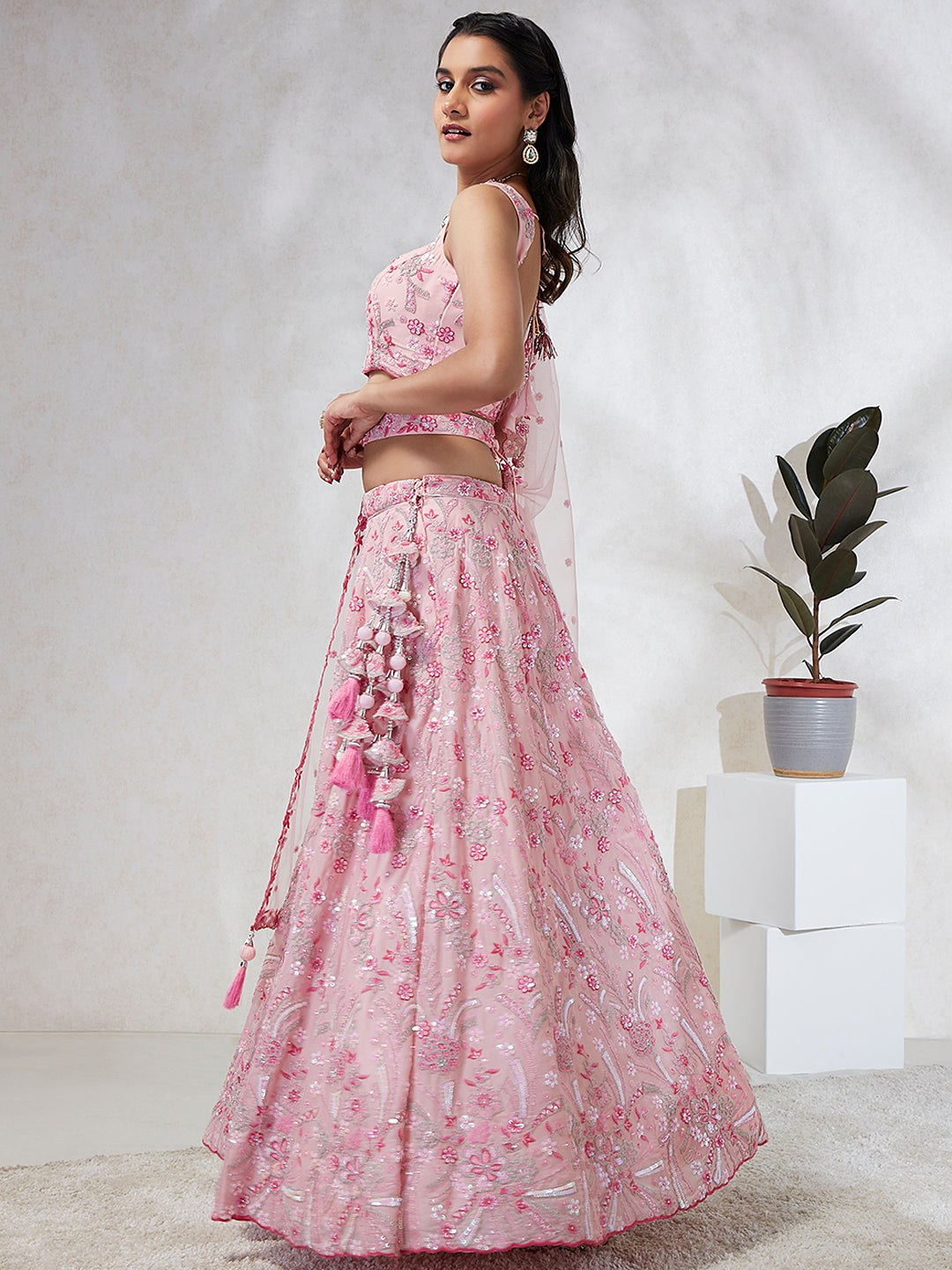 Pink - Georgette Sequins and thread embroidery Semi-Stitched Lehenga choli - qivii