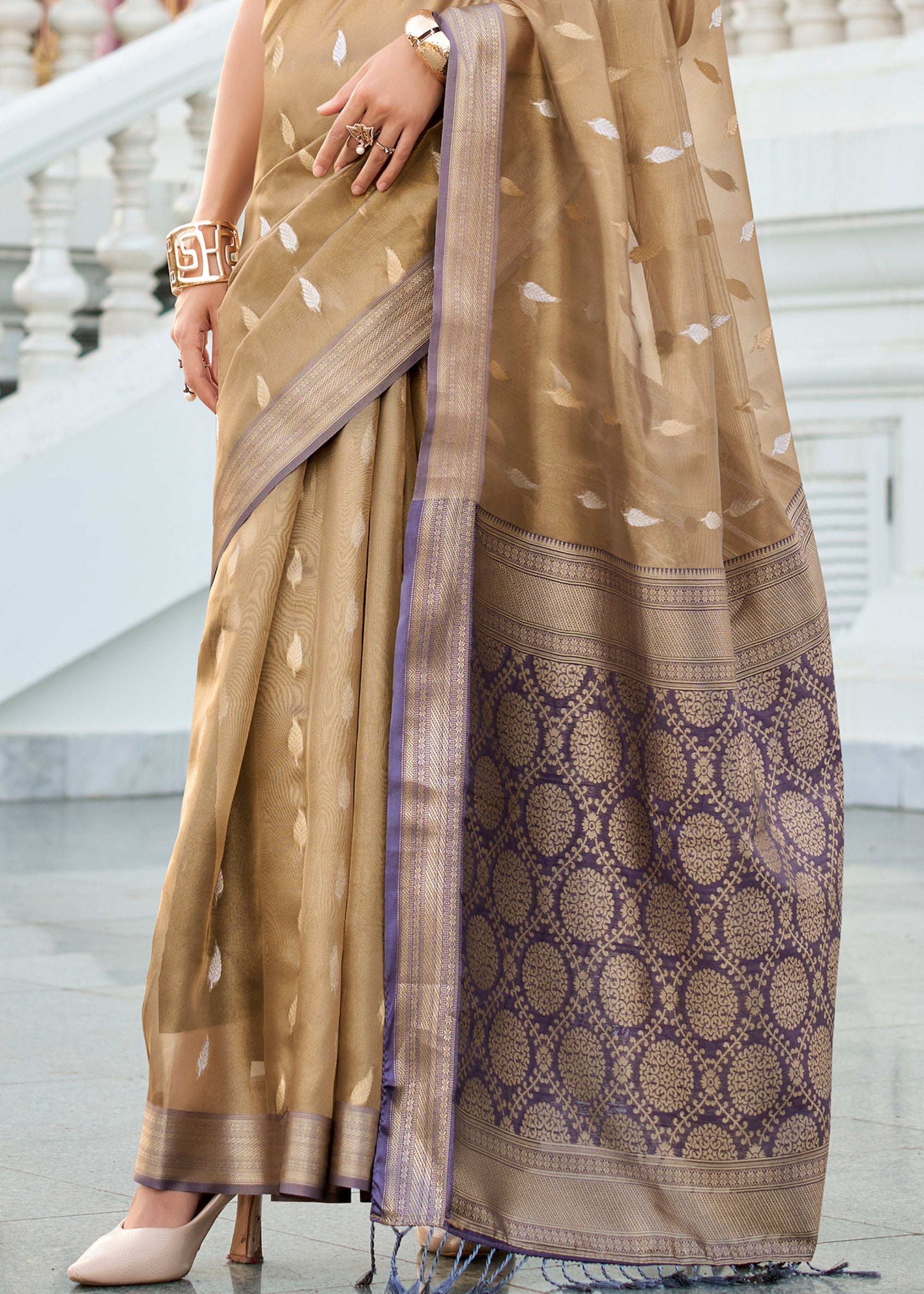 Sand Brown & Blue Tissue Silk Saree With Zari Weaving And Contrast Blouse - qivii