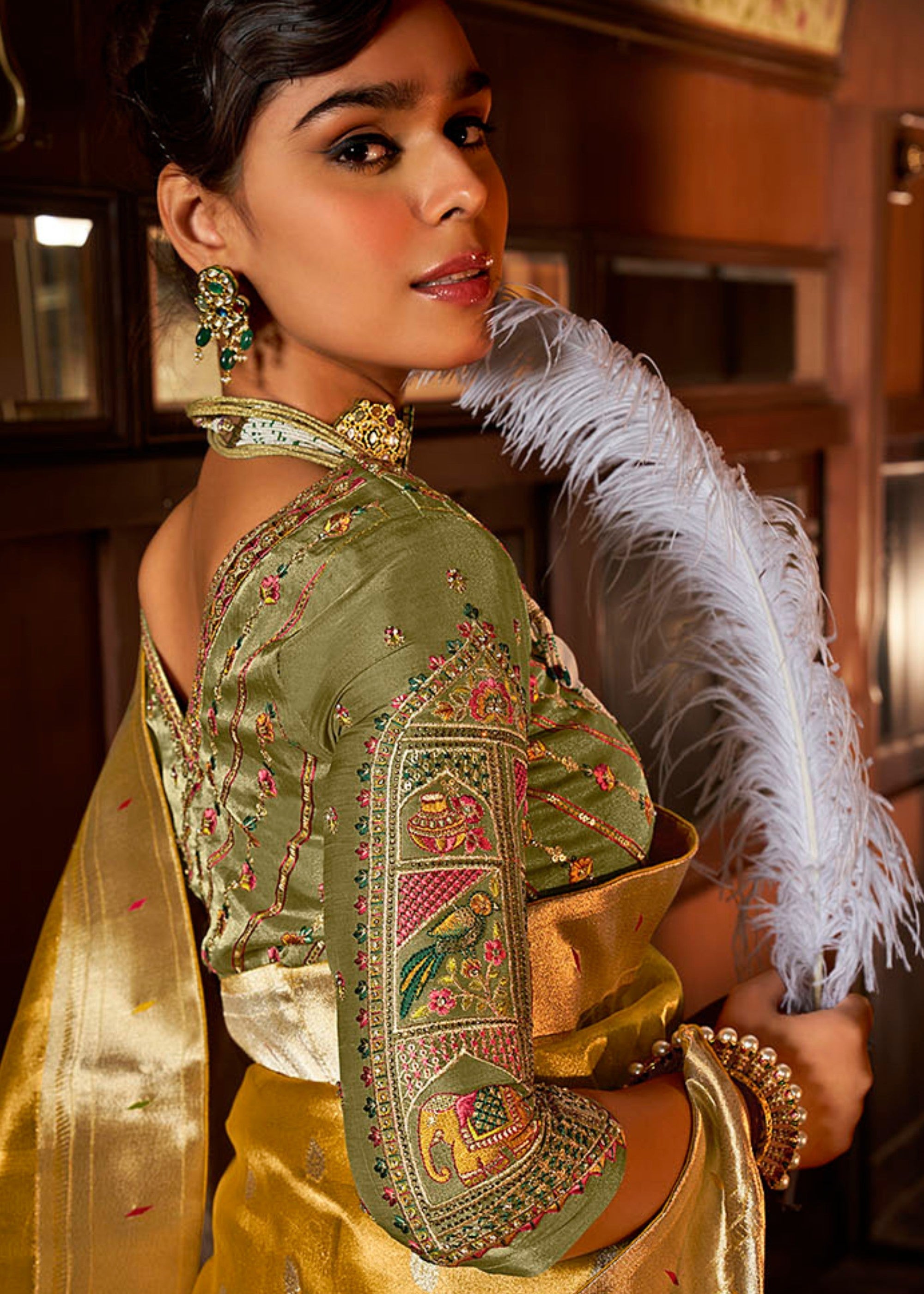 Canary Yellow Pure Tissue Paithani Silk Saree with Heavy Designer Embroidered Blouse - qivii