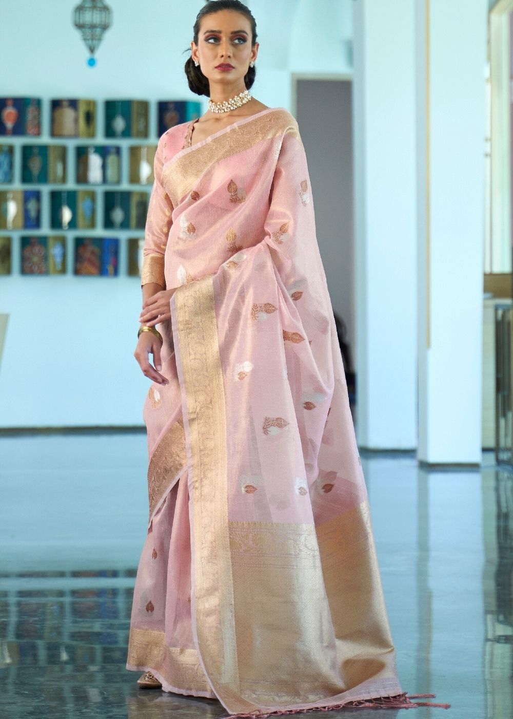 Lavender Pink Zari Woven Organza Silk Saree - qivii