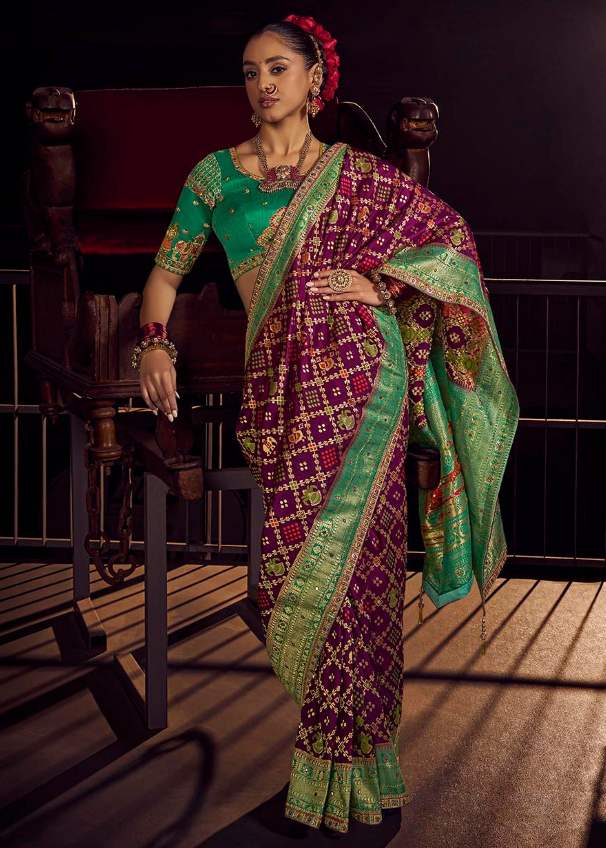 Thistle Purple Pure Viscose Dola Silk Saree With Handwork On Blouse And Pallu - qivii