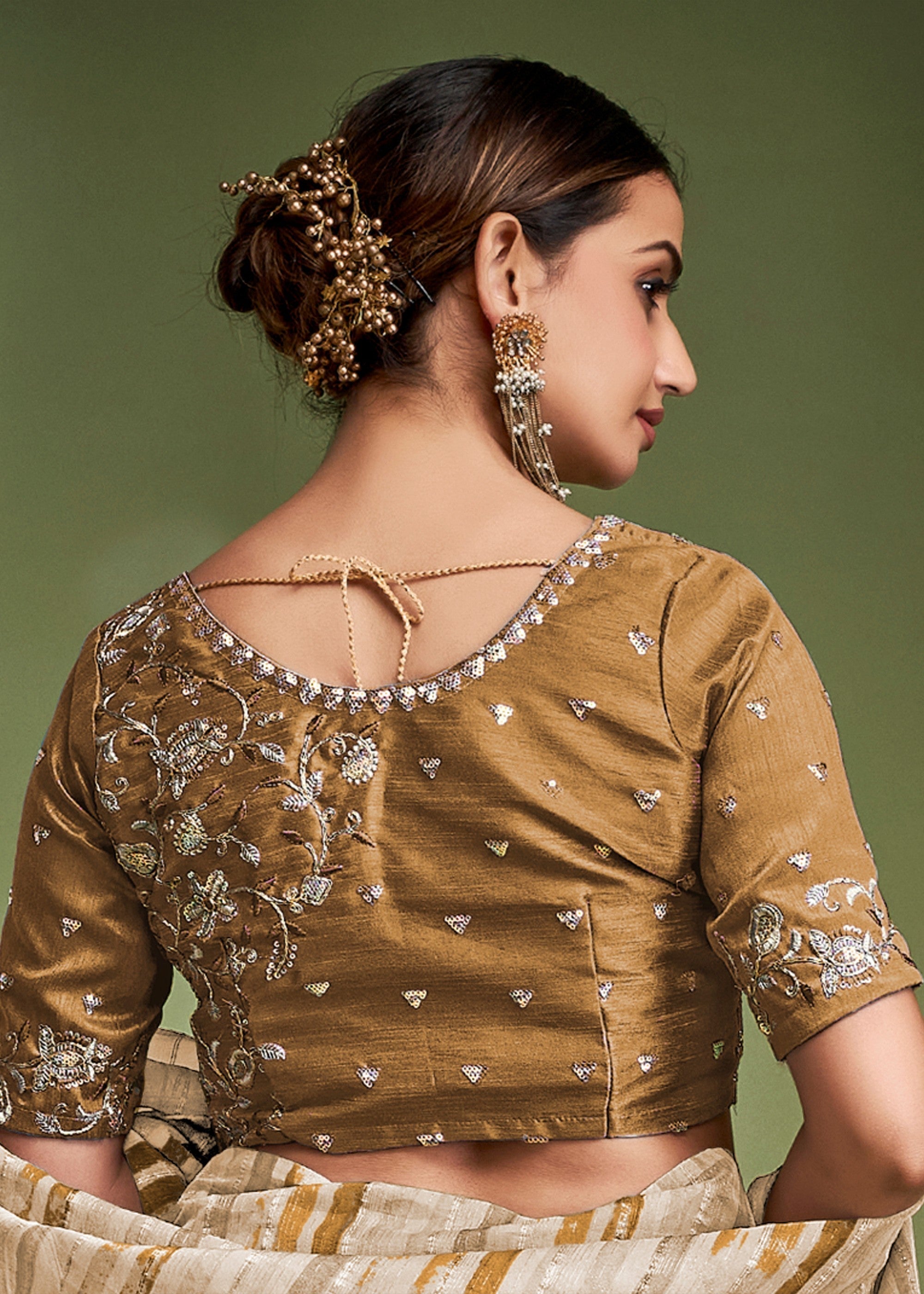 Golden Brown Tissue Based Fancy Silk Saree With Designer Blouse - qivii