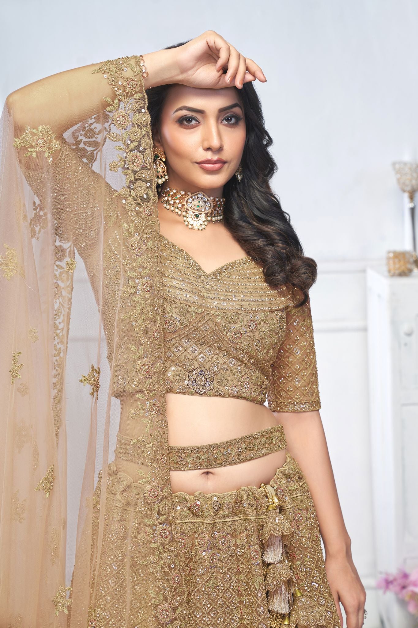 Graceful Brown Embroidered Bridal Wear Lehenga - qivii