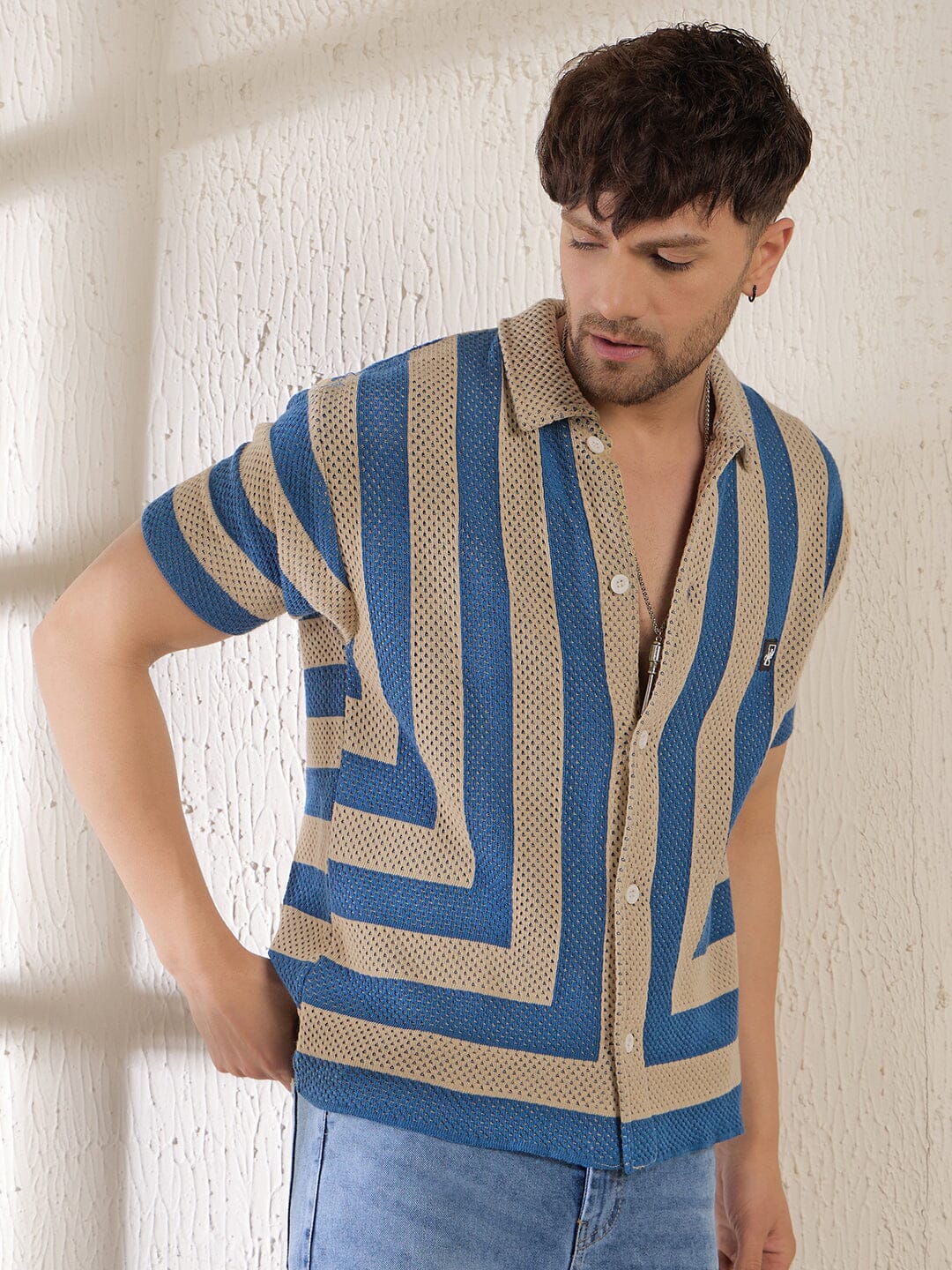 Beige & Blue Striped Crochet Knitted Shirt - qivii