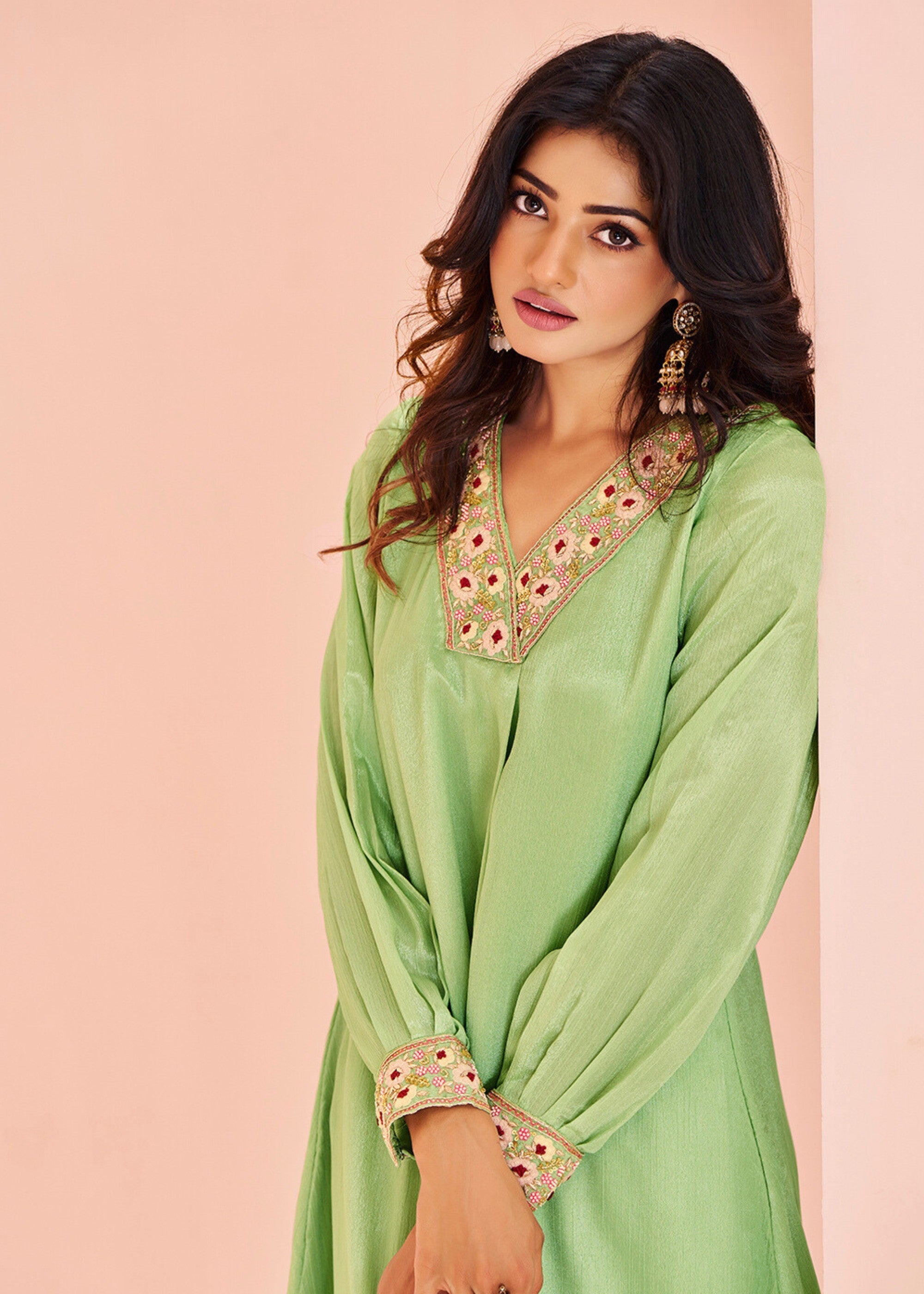 Chinon Green Handwork Kurta with Pant - qivii