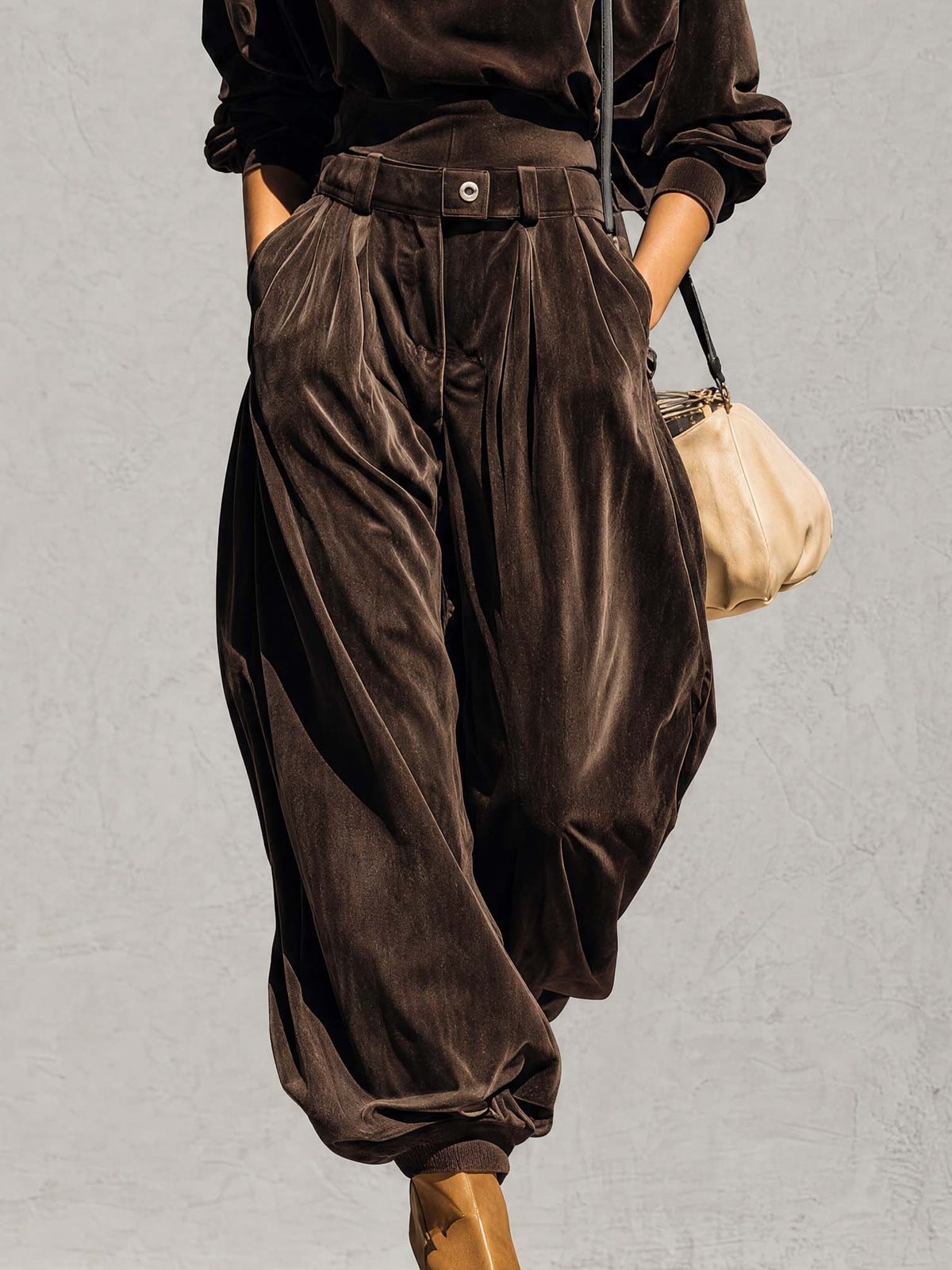 Vintage Sophisticated Casual Brown Velvet Hoodie And Loose Pants Set - By Qivii