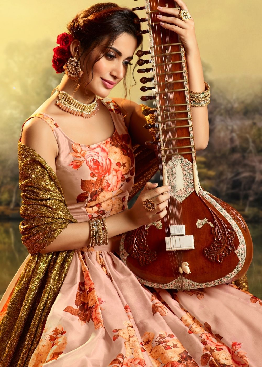 Coral Pink Organza Designer Printed Floral Lehenga Choli with Sequins and Zari work | Ready To Wear - qivii