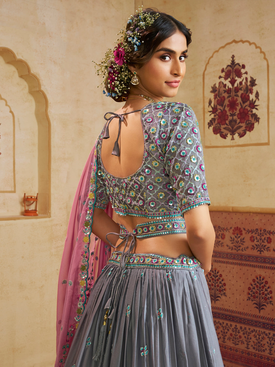 Grey Color Silk Fabric Sequins embroidery Lehenga choli & Dupatta - qivii