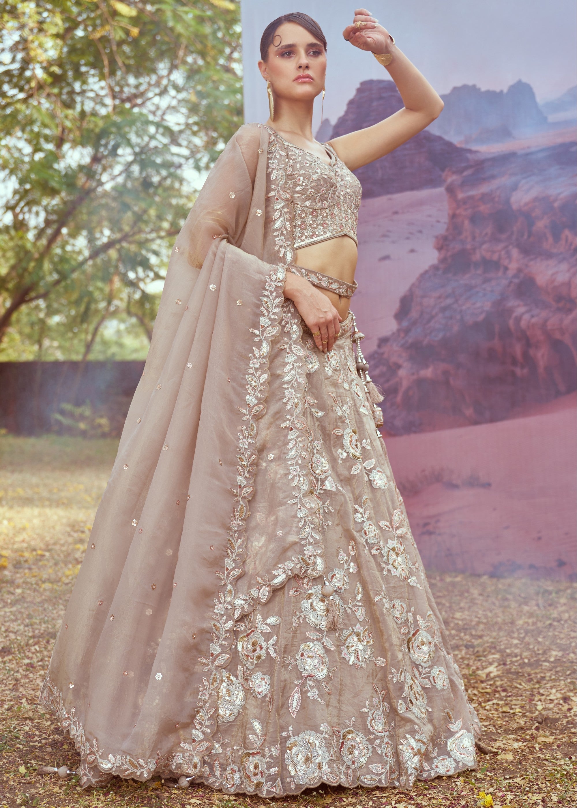 Beige Organza Sequins embroidery Lehenga | Ready To Wear - qivii