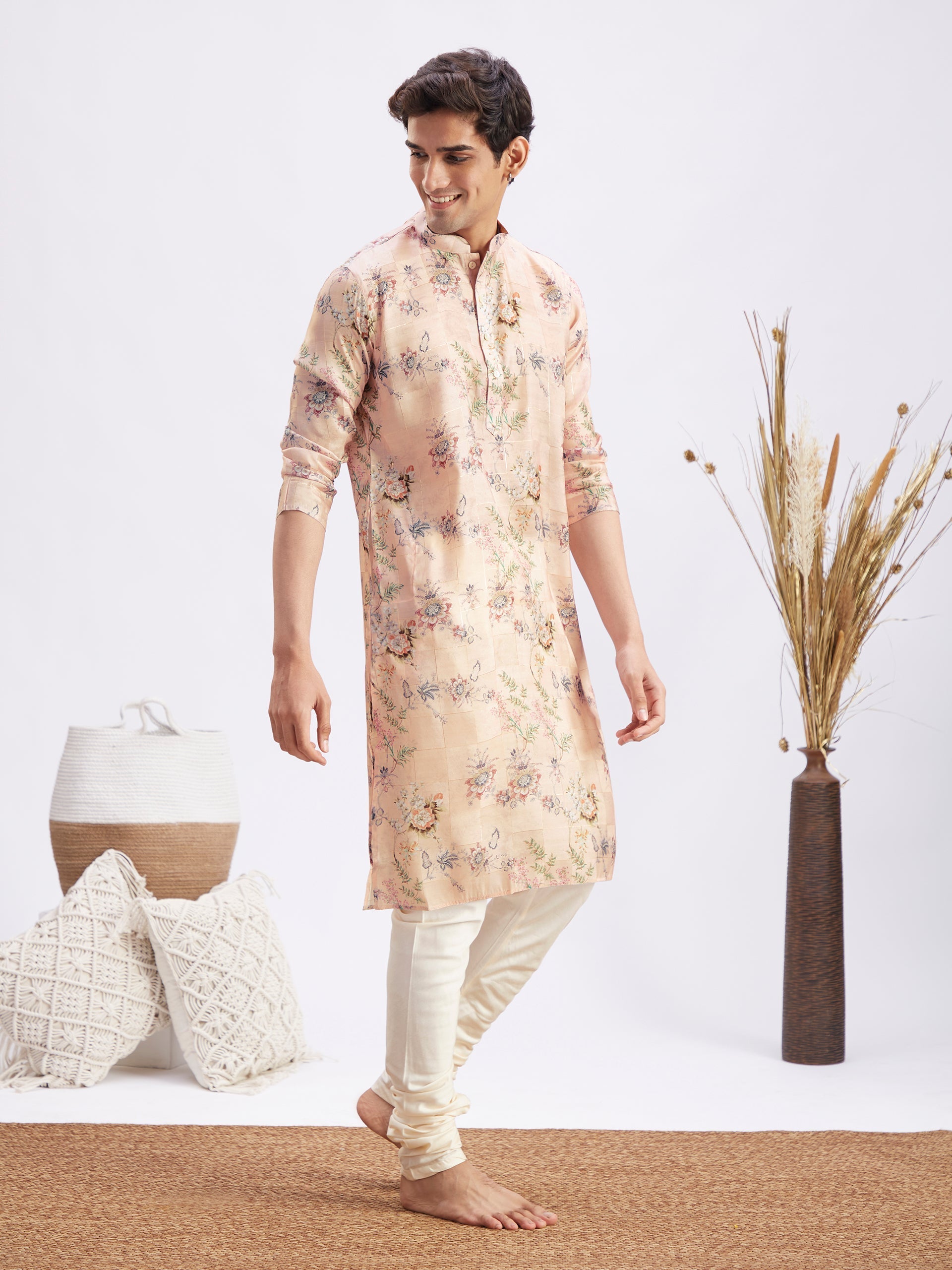 Men's Pink Floral Printed Silk Blend Kurta Pyjama Set