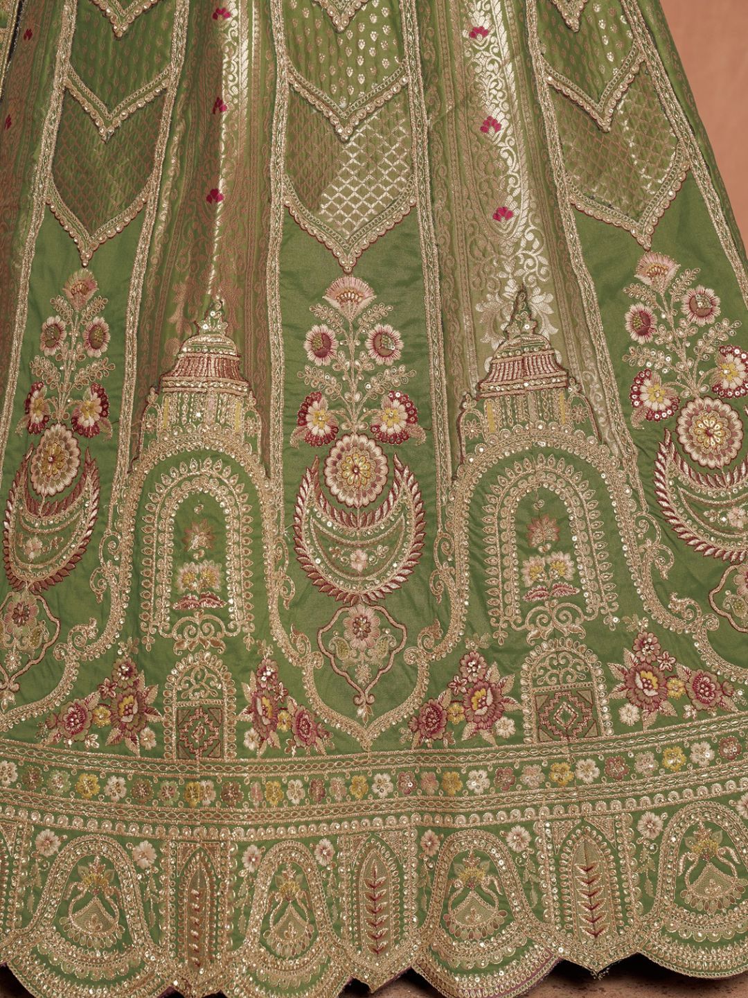 Green Banarasi Silk Festive Lehenga with Floral Pastel Shades