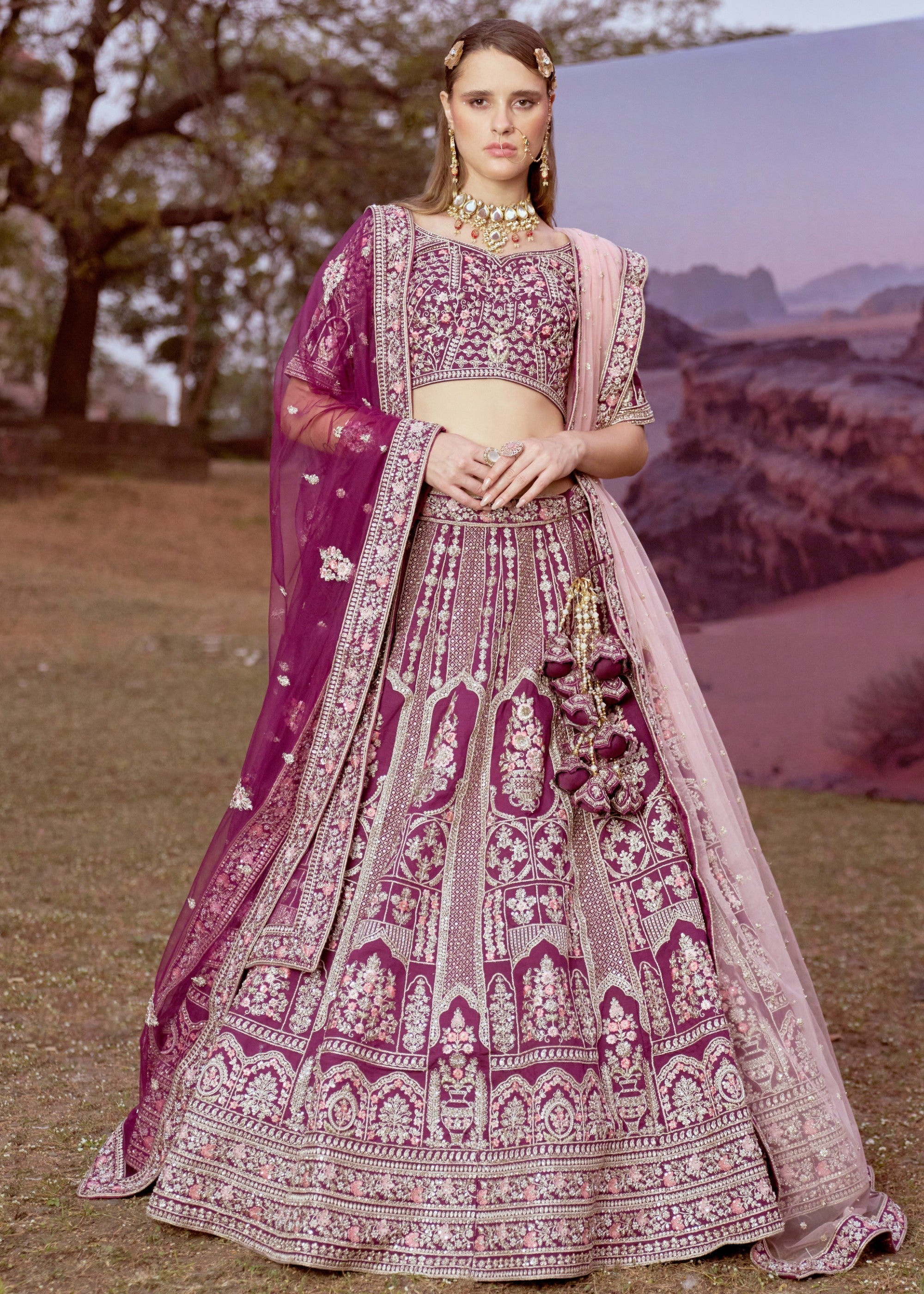 Purple Pure silk Moti, Sequins embroidery Bridal Lehenga | Ready To Wear - qivii