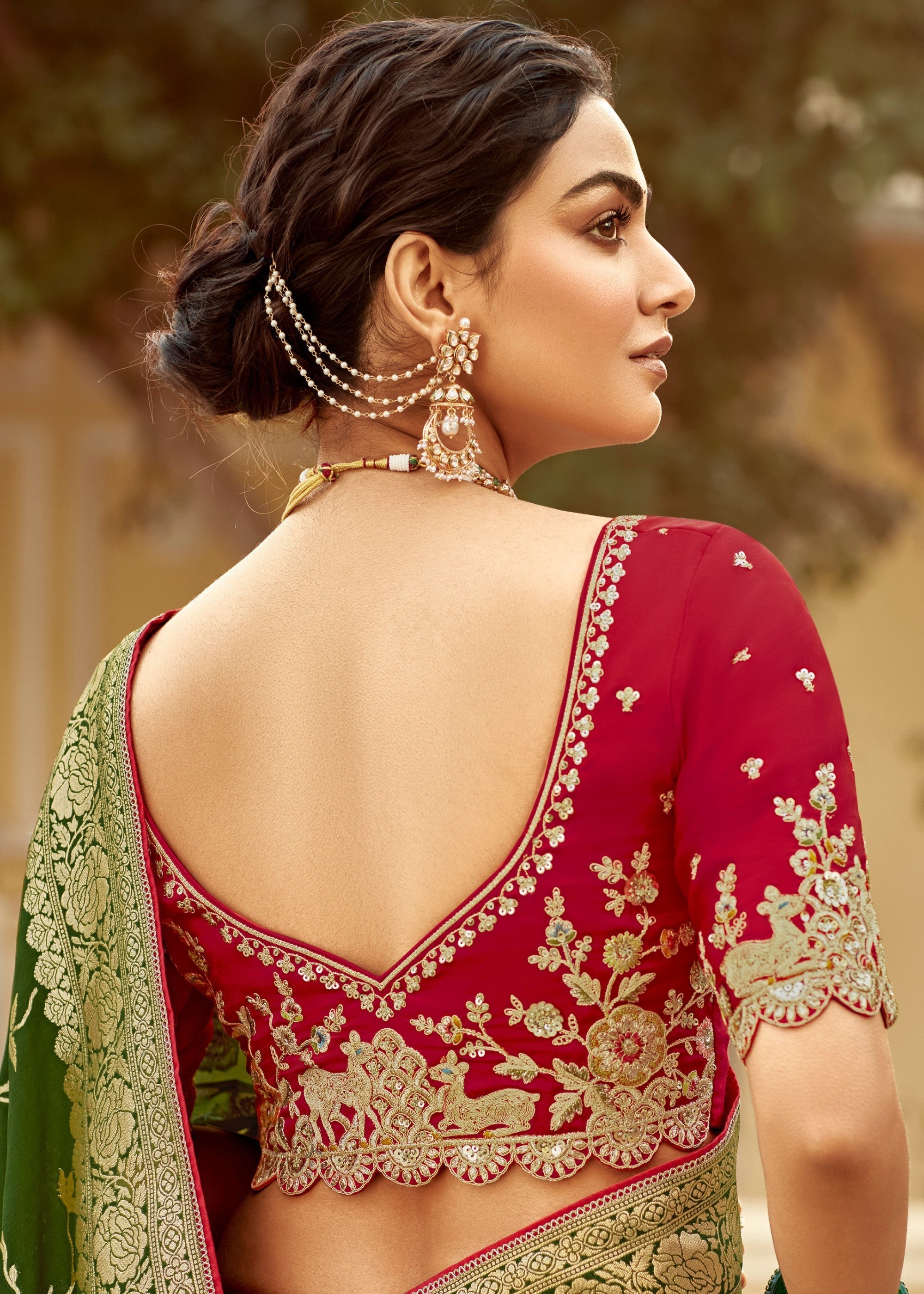 Mehendi Green Dola Silk Saree Embellished With Weaving Work And Heavy Embroidered Blouse - qivii