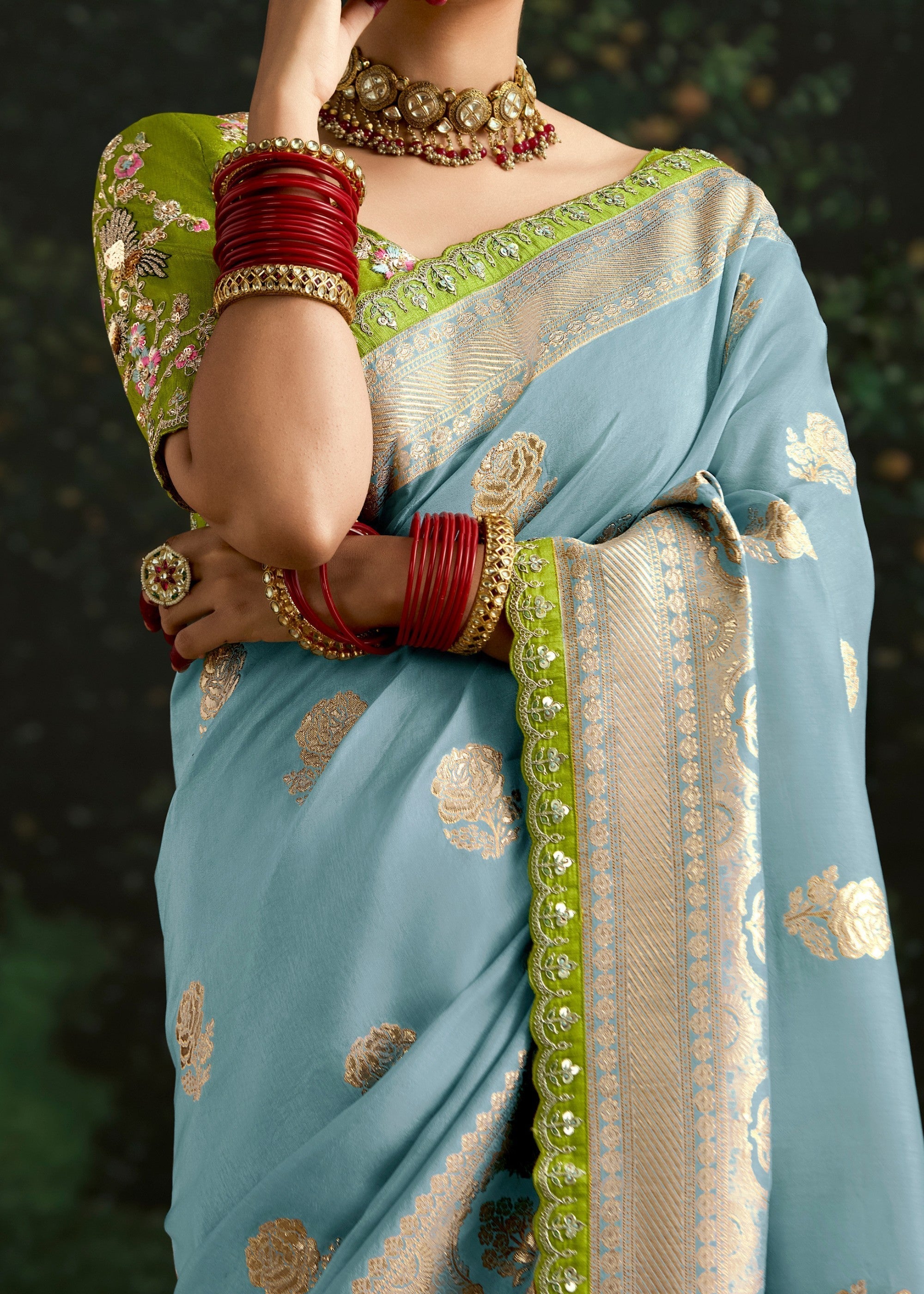 Sky-blue and Lime-green Viscose silk Saree with Zari work - qivii